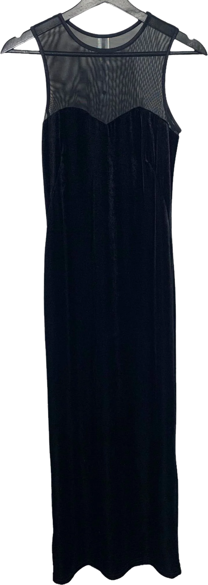 Vintage 90s Black Sleeveless Sweetheart Neck Mesh Velvet Full Length Dress Small