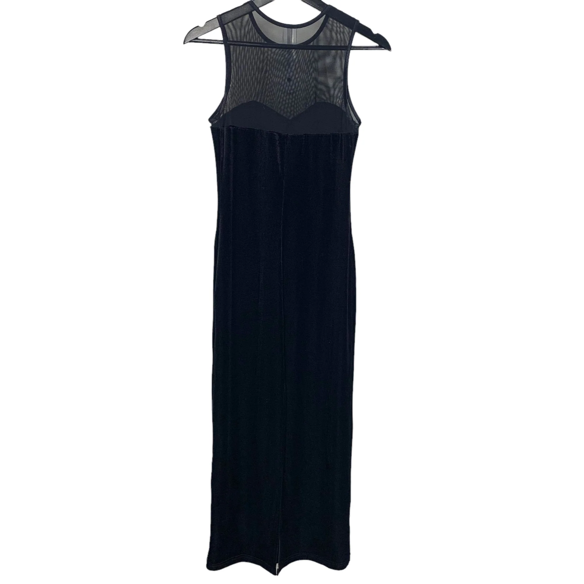 Vintage 90s Black Sleeveless Sweetheart Neck Mesh Velvet Full Length Dress Small - Image 2