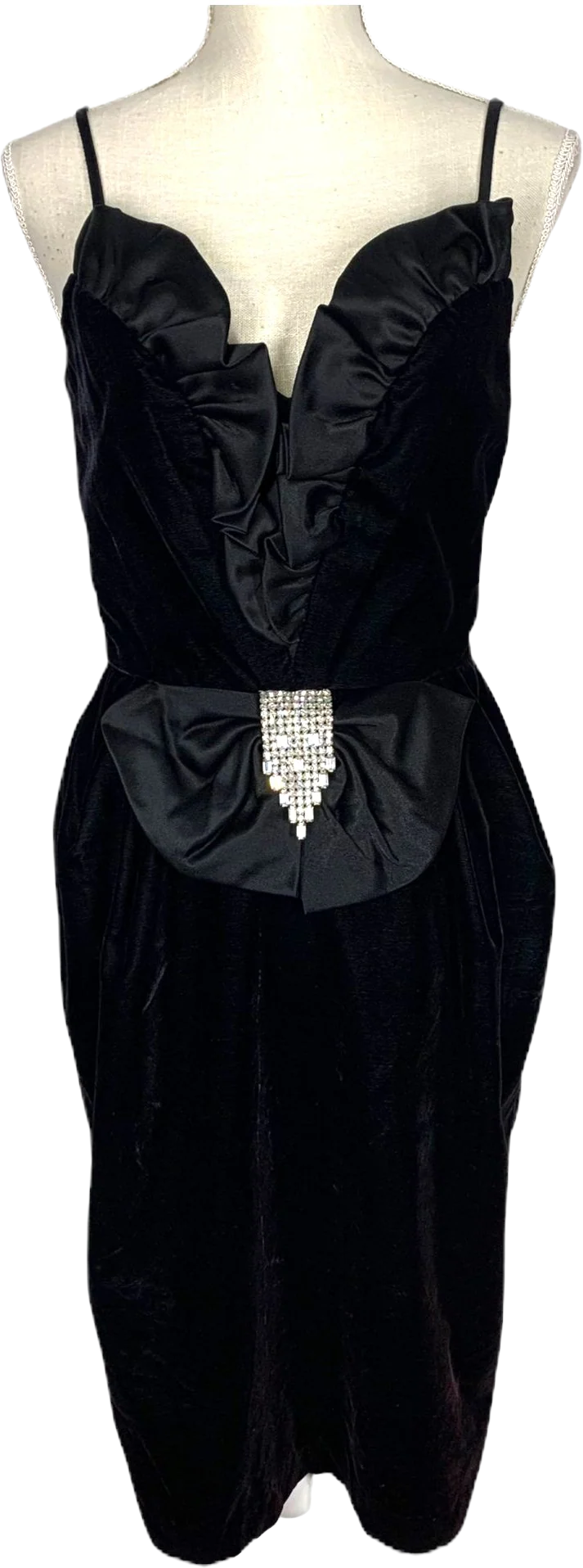 Vintage 90s Black Velvet Rhinestone Spaghetti Strap Formal Cocktail Dress Small