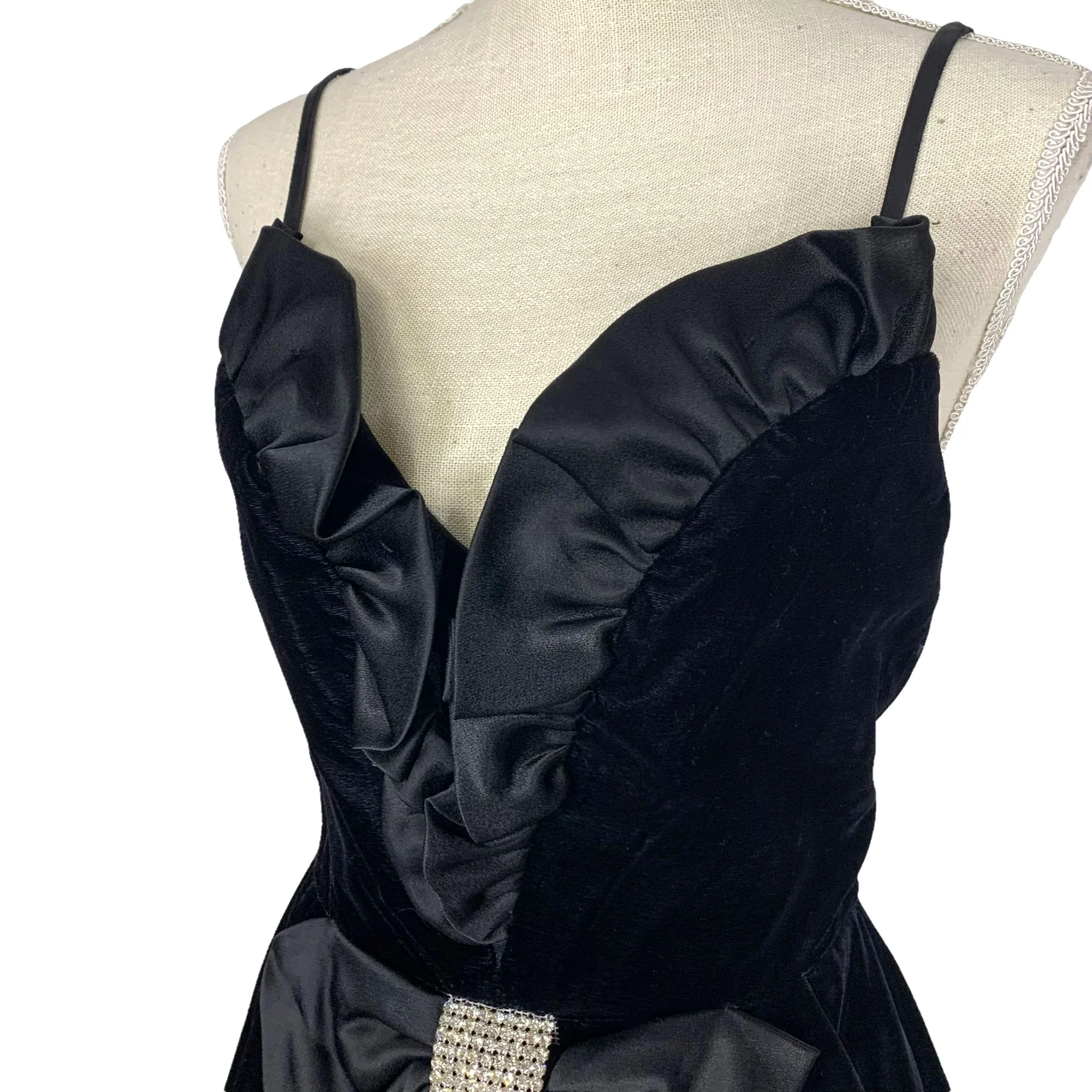 Vintage 90s Black Velvet Rhinestone Spaghetti Strap Formal Cocktail Dress Small - Image 3