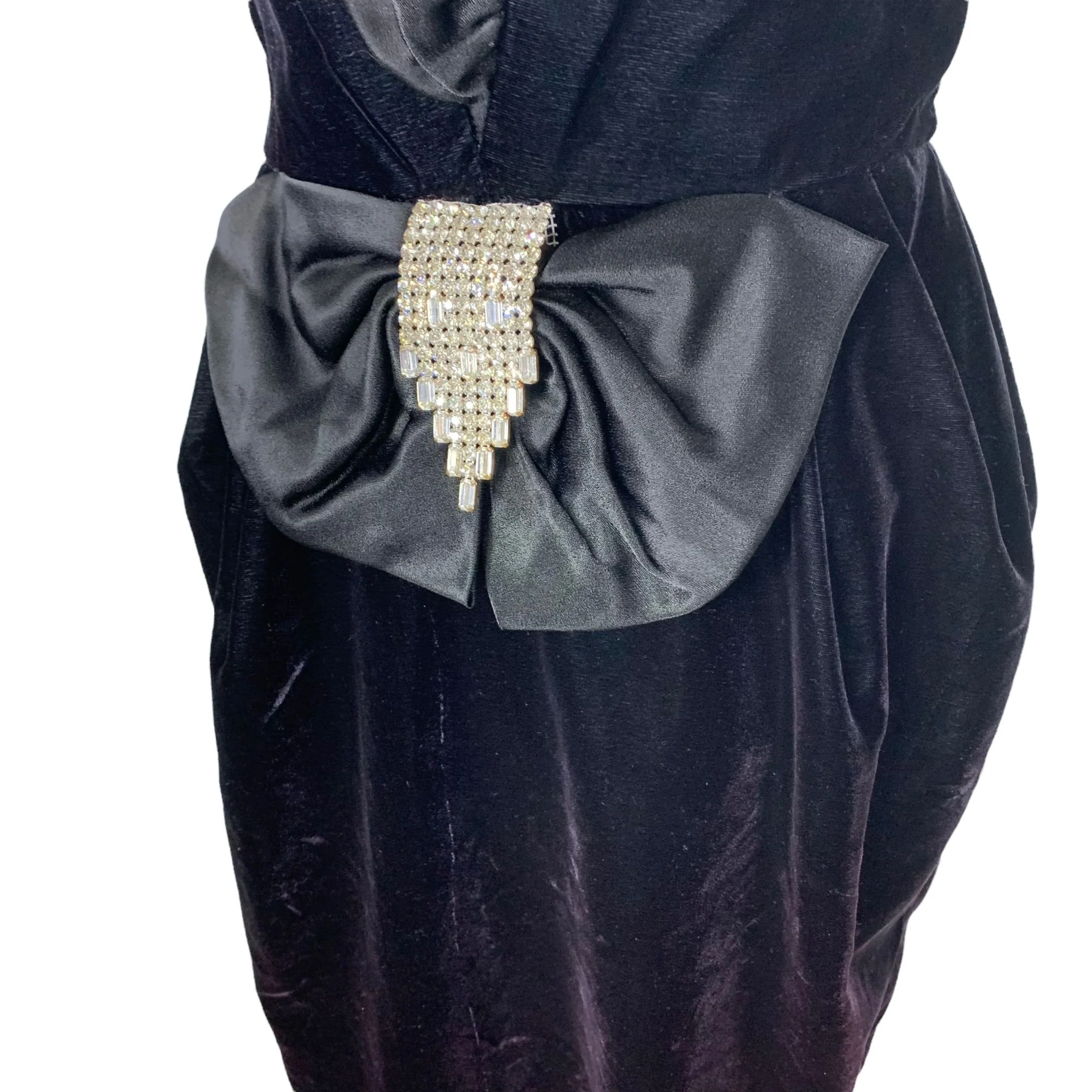 Vintage 90s Black Velvet Rhinestone Spaghetti Strap Formal Cocktail Dress Small - Image 4