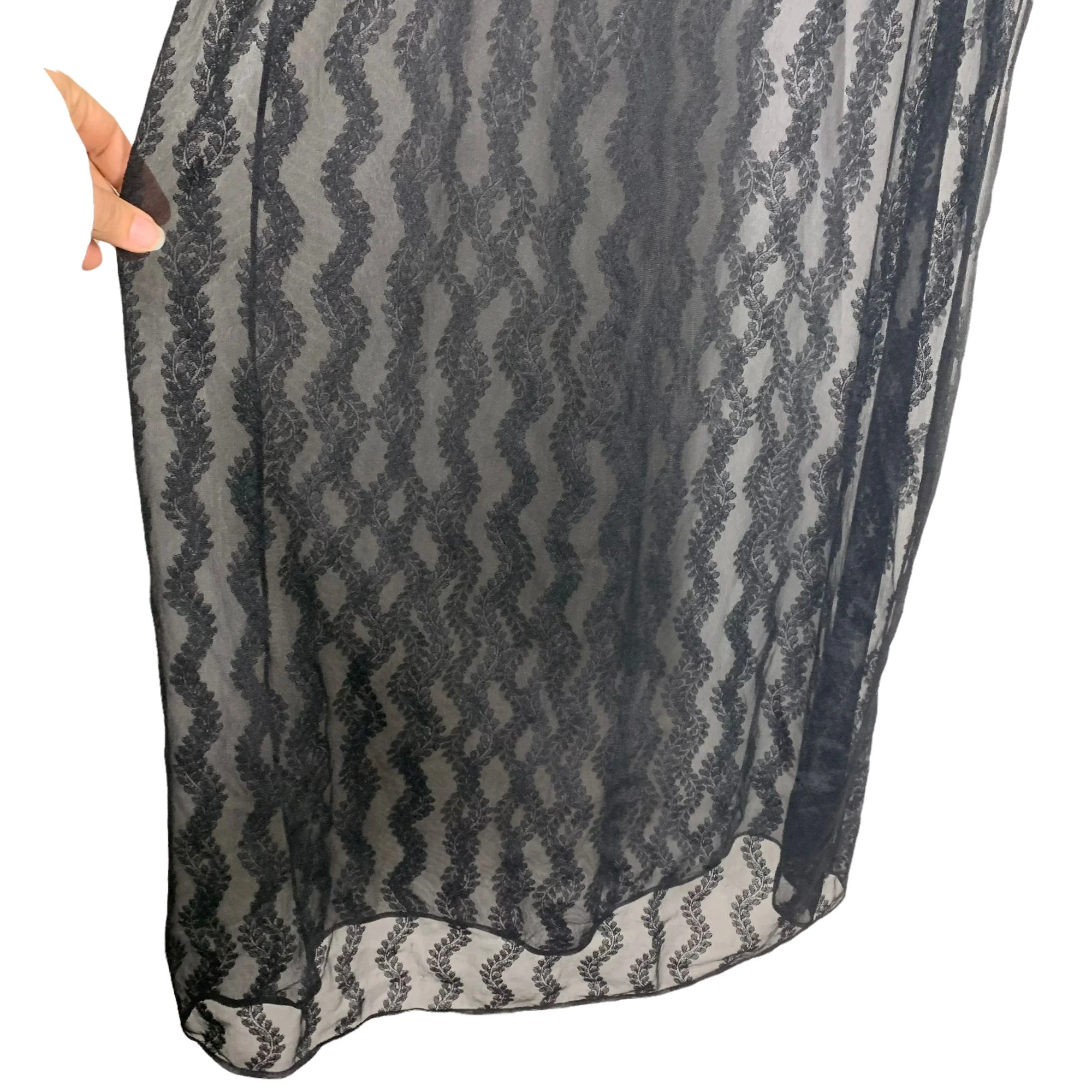 Vintage 90s Black Vine Patten Sheer Sleeveless Full Length Negligee by Beau Monde - Image 3