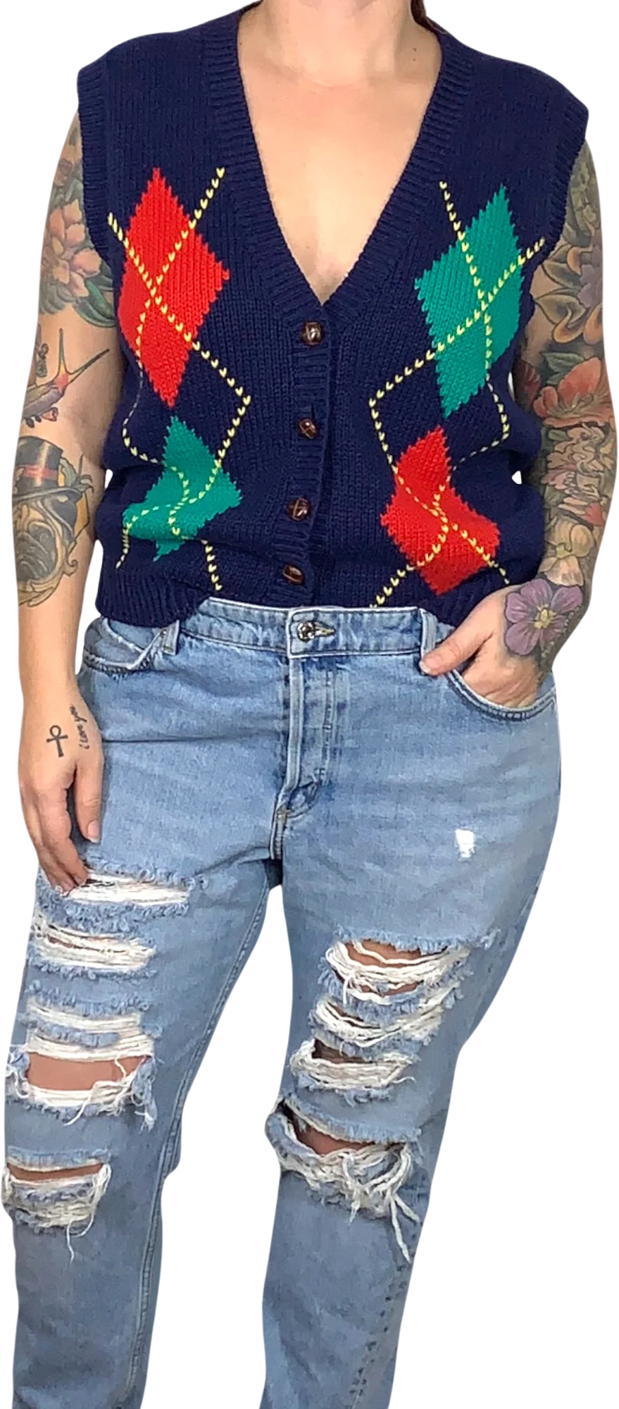 Vintage 90s Blue Argyle Ramie Blend Knit Vest Medium