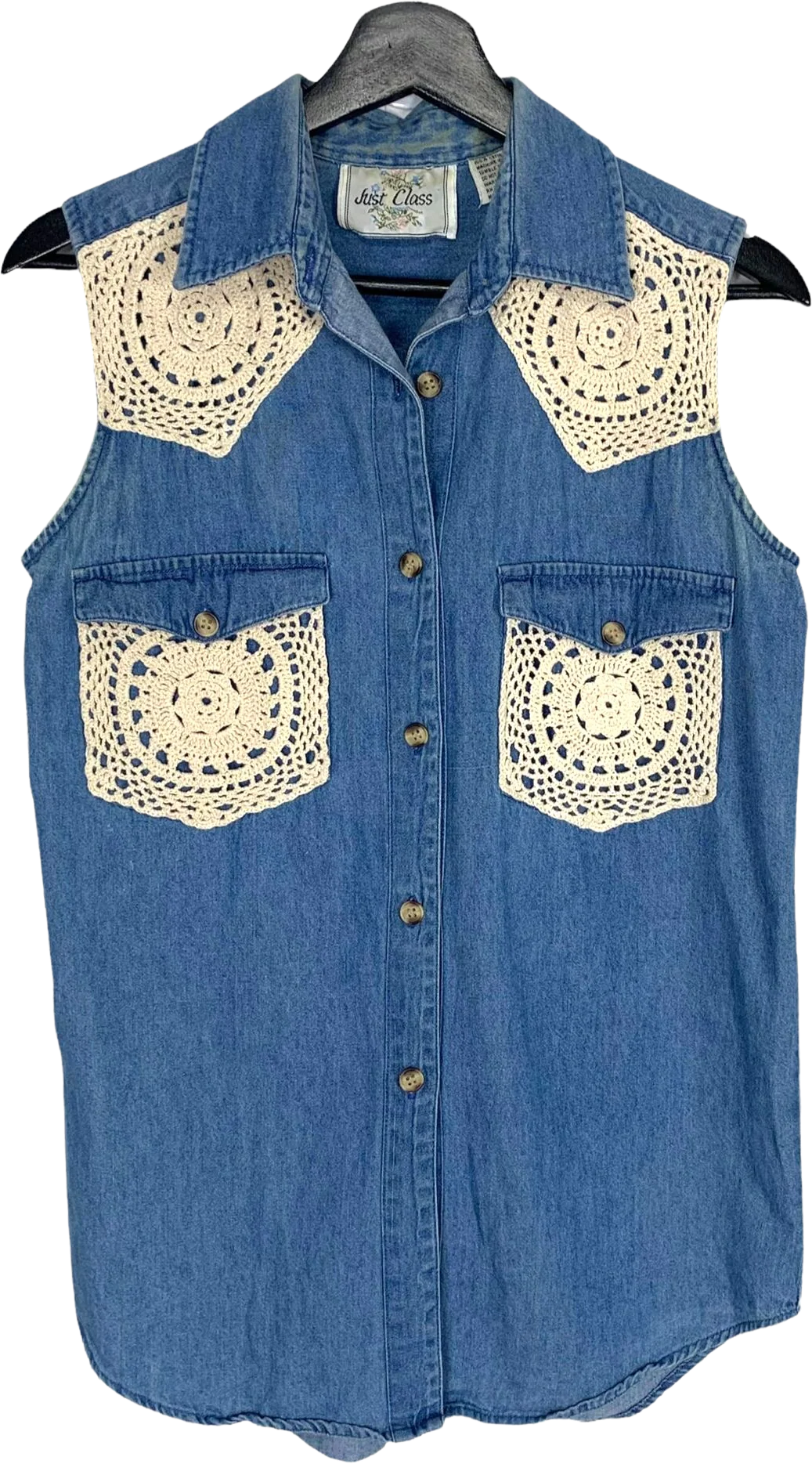 Vintage 90s Blue Denim Crochet Trim Collared Sleeveless Button Up Top Small