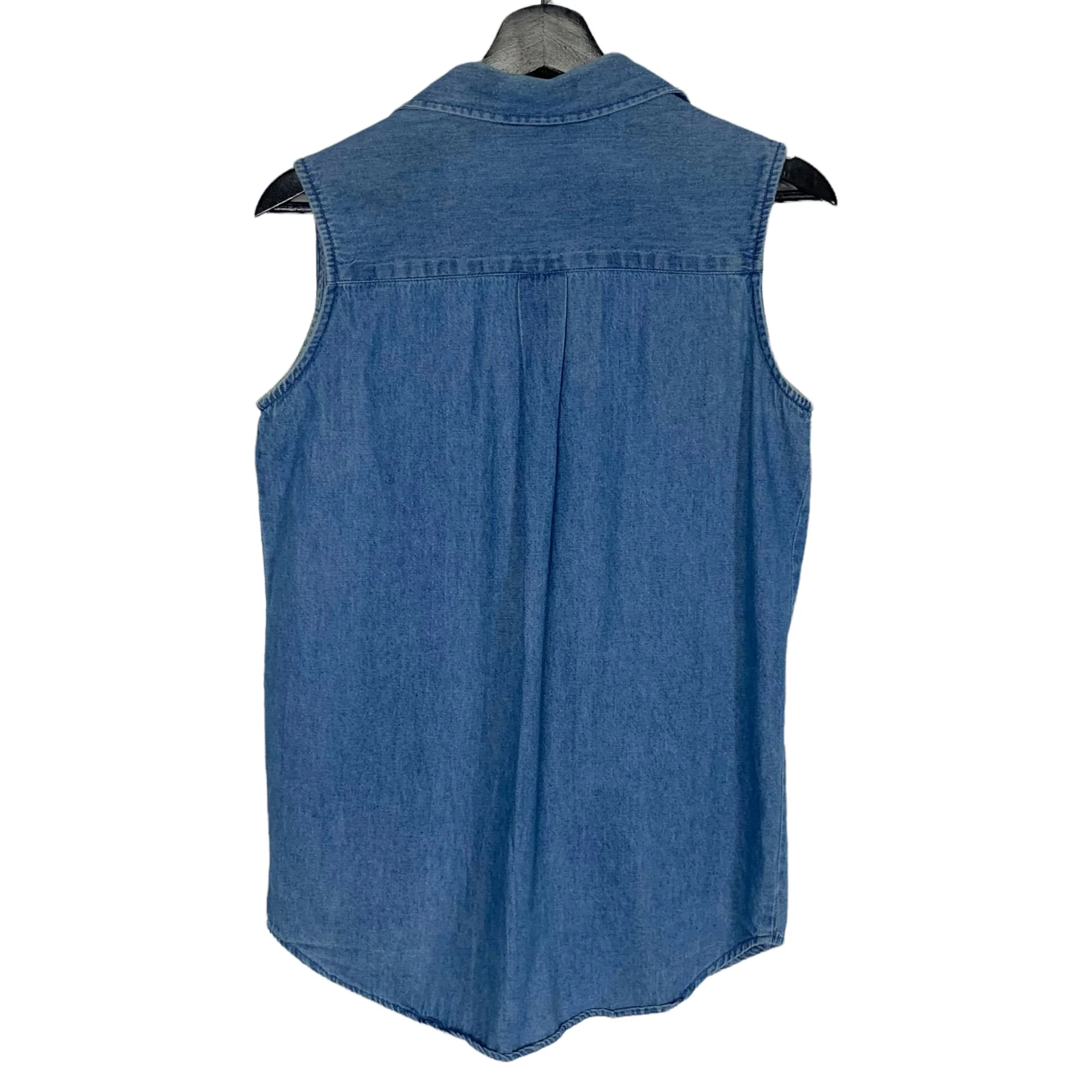 Vintage 90s Blue Denim Crochet Trim Collared Sleeveless Button Up Top Small - Image 2