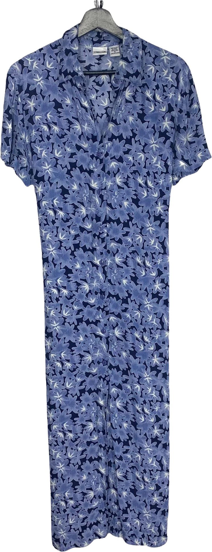 Vintage 90s Blue Floral Button Up Short Sleeve Full Length Dress Small