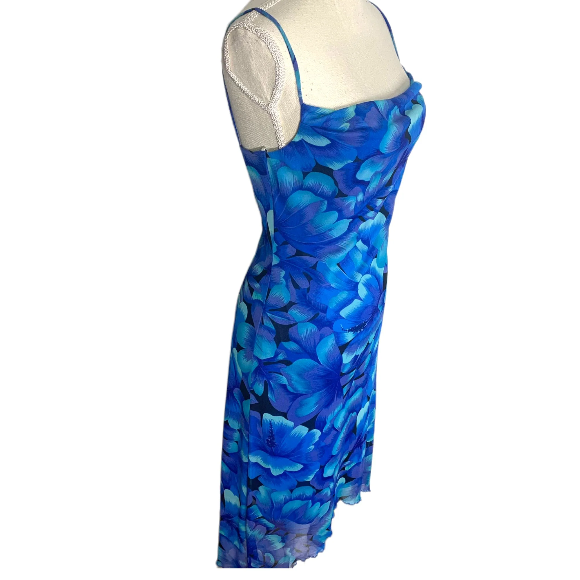 Vintage 90s Blue Floral Spaghetti Strap Mesh Slip Bodycon Midi Dress by City Triangles - Image 2