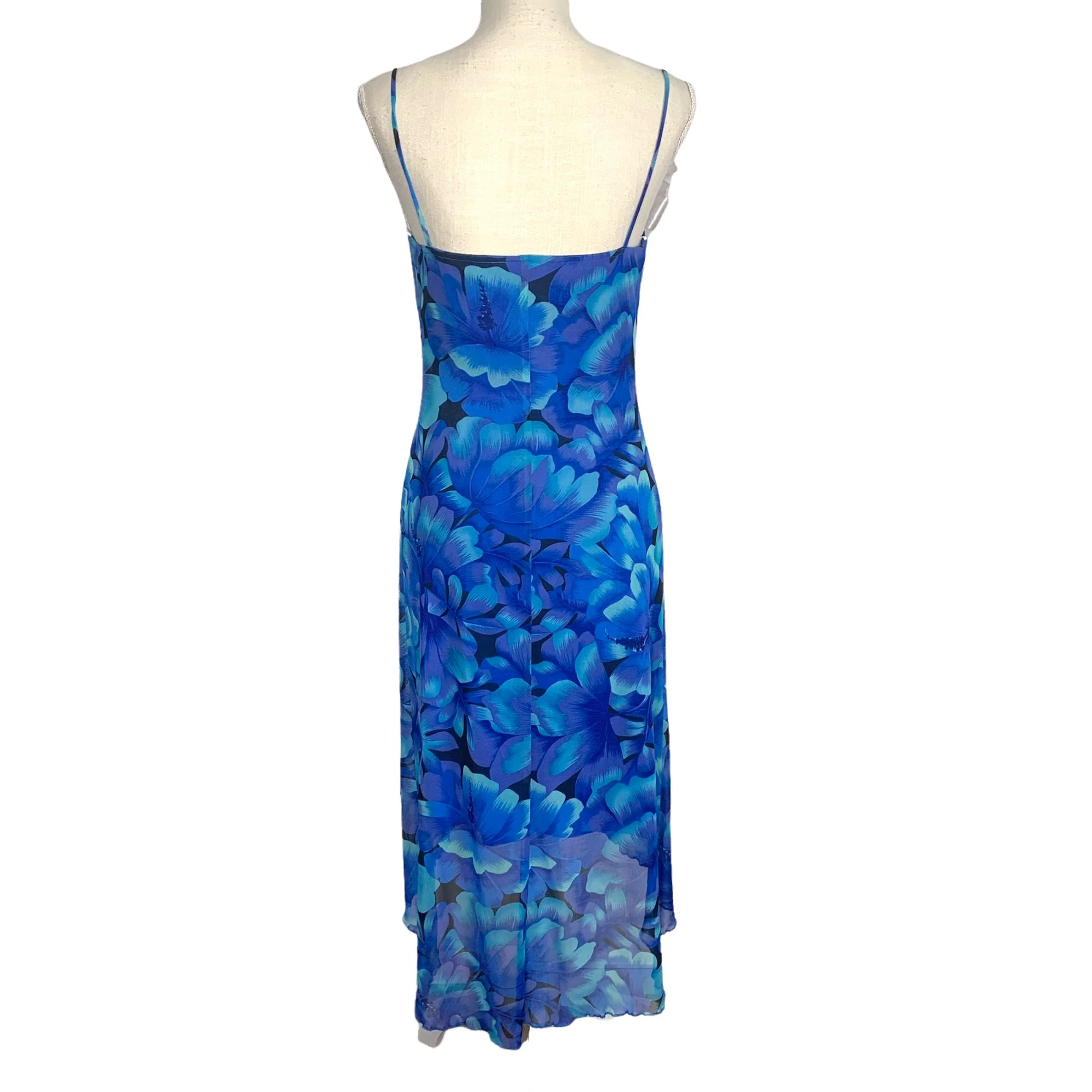 Vintage 90s Blue Floral Spaghetti Strap Mesh Slip Bodycon Midi Dress by City Triangles - Image 3