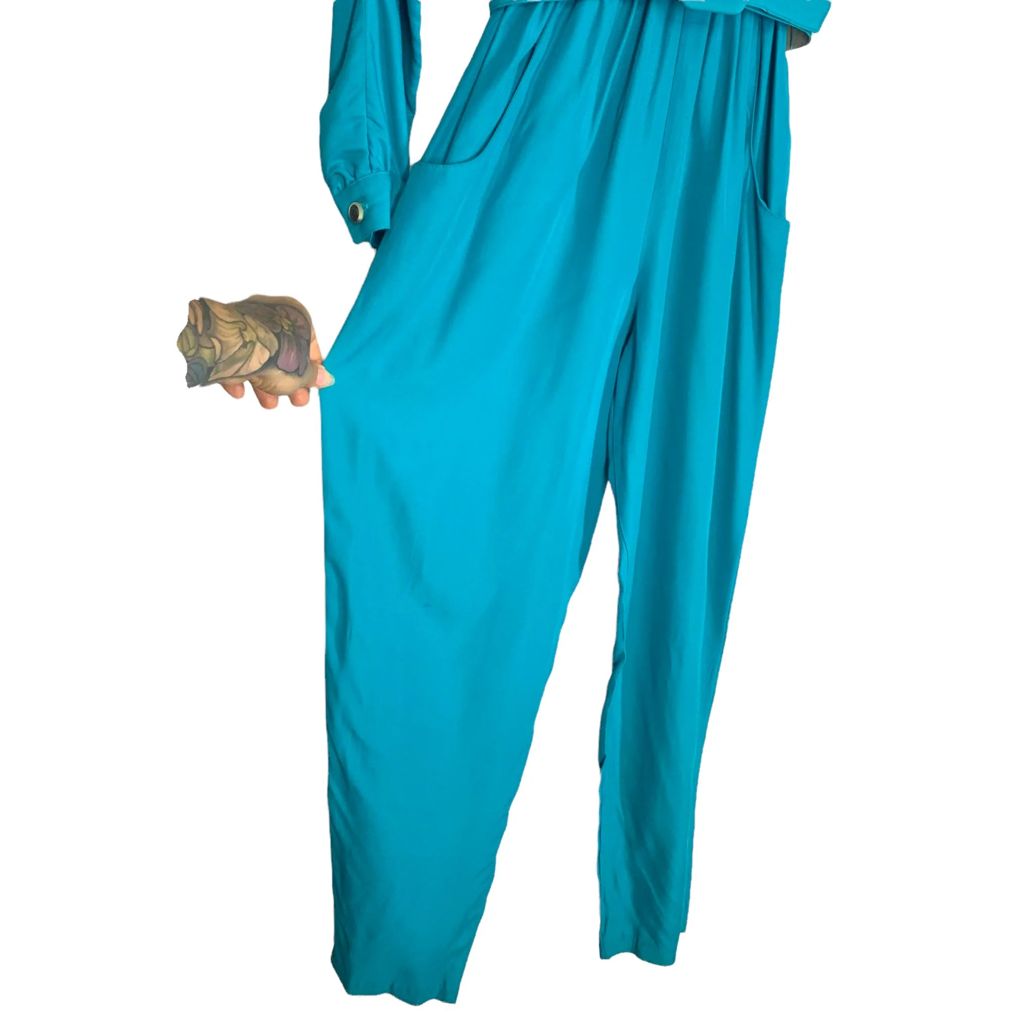 Vintage 90s Blue Long Sleeve Belted Button Up Collared Jumpsuit Small by  Carol Anderson - Image 4