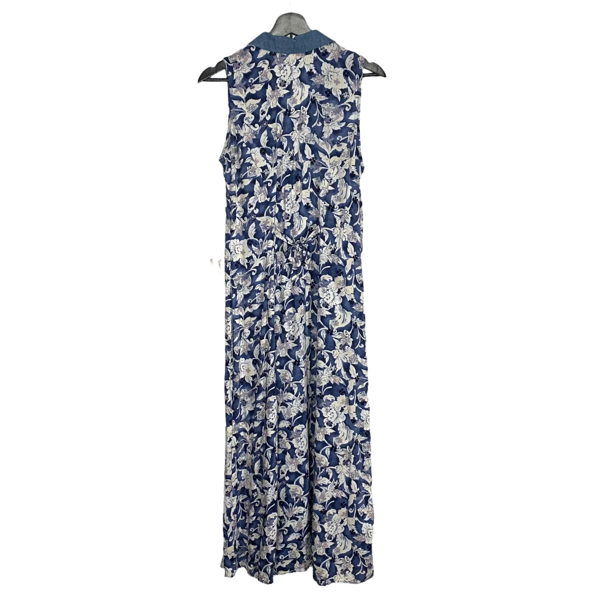 Vintage 90s Blue White Sleeveless Flora Collared Button Up Full Length Dress Large by All Thar Jazz - Image 2