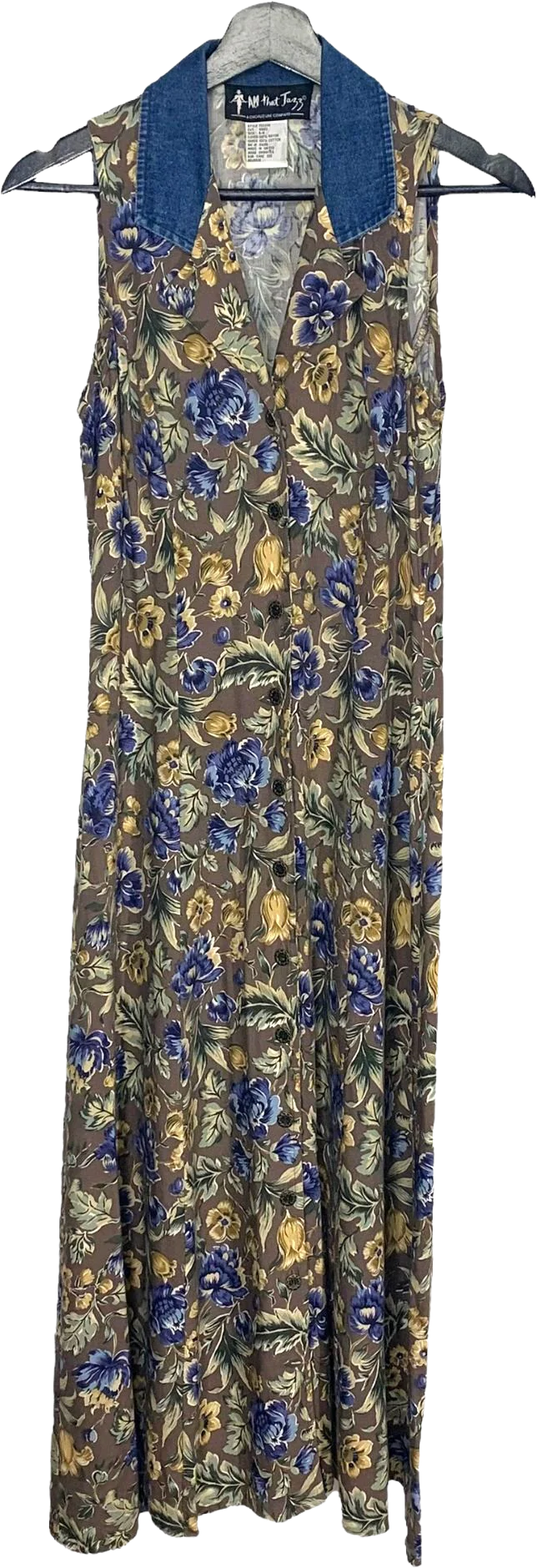 Vintage 90s Brown Floral Sleeveless Button Up Full Length Dress Small by All That Jazz