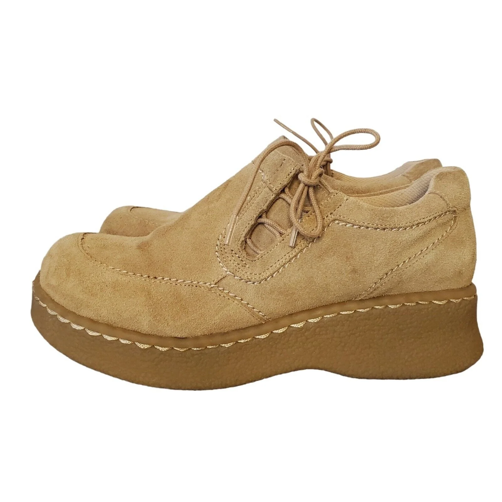Vintage 90s Chunky Platform Suede Wedge Shoes Tan Neutral Laceup Detail Sz 7 by Crb - Image 2