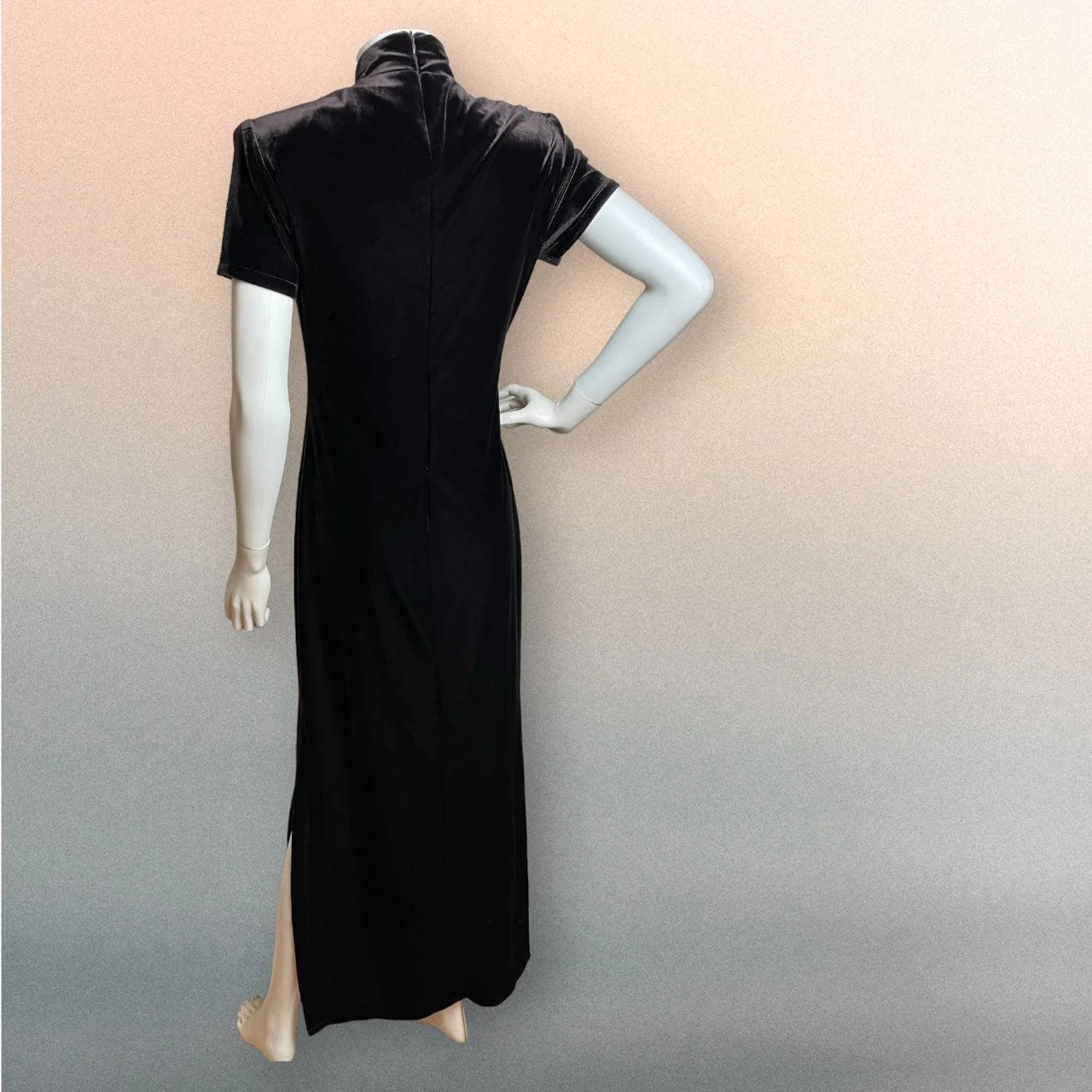 Vintage 90s Dark Brown Velvet Cheongsam Style Maxi Dress Size Small - Image 2