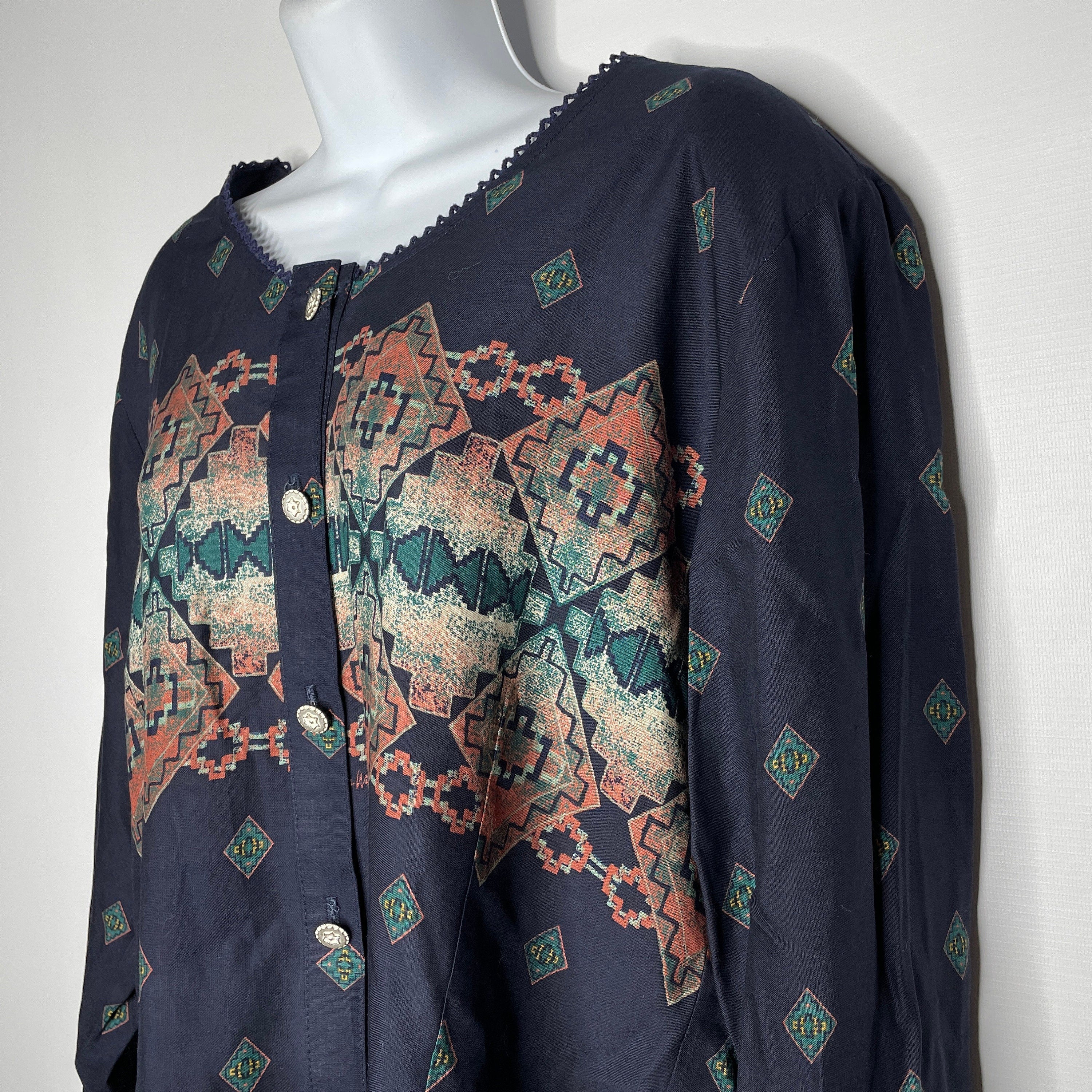 Vintage 90s Deadstock Amado Pena Roper Blue Southwestern Print Blouse Top by Pena By Roper - Image 5