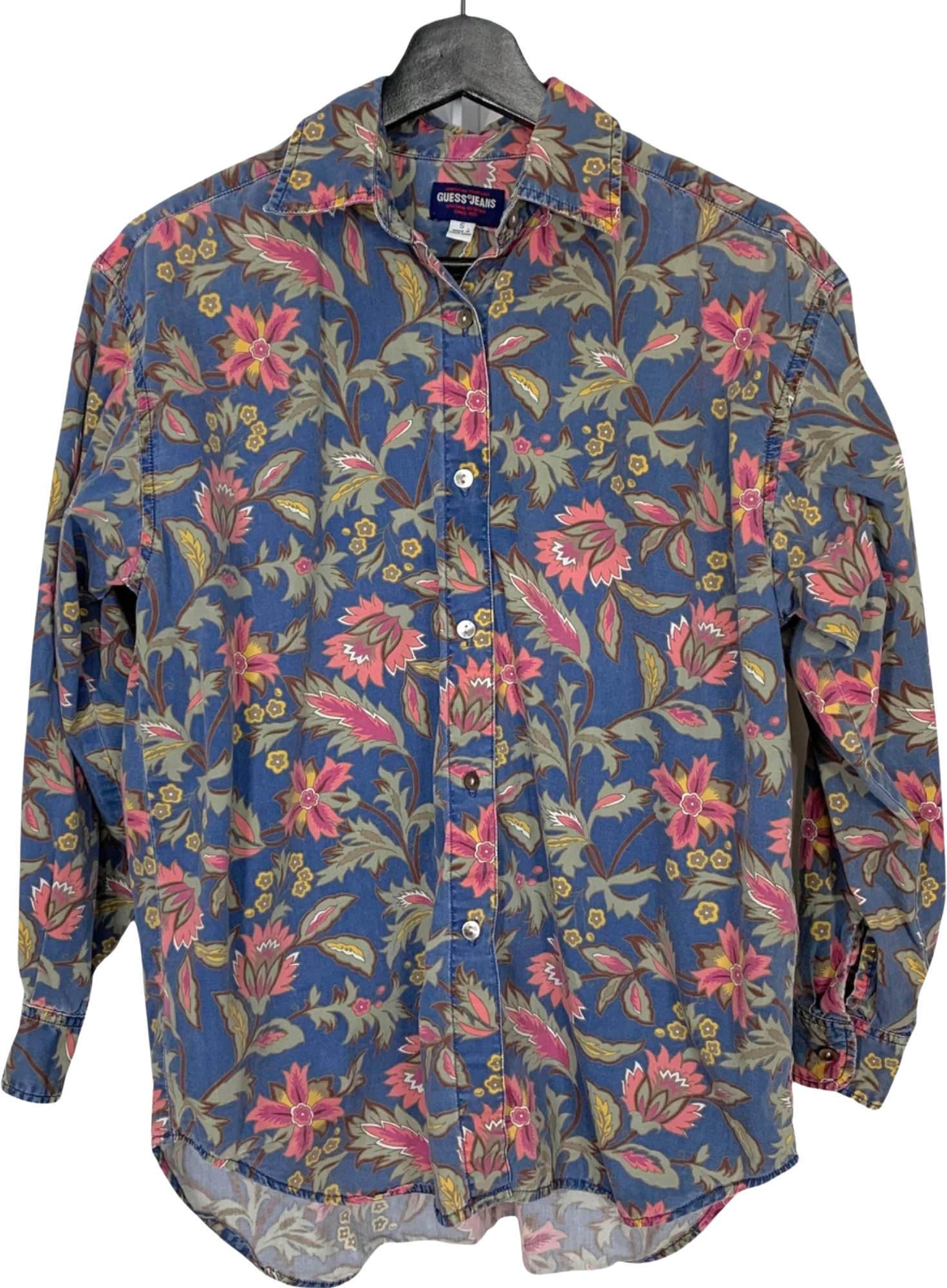 Vintage 90s Denim Floral Button Up Top 100% Cotton S Small by Guess Jeans Usa