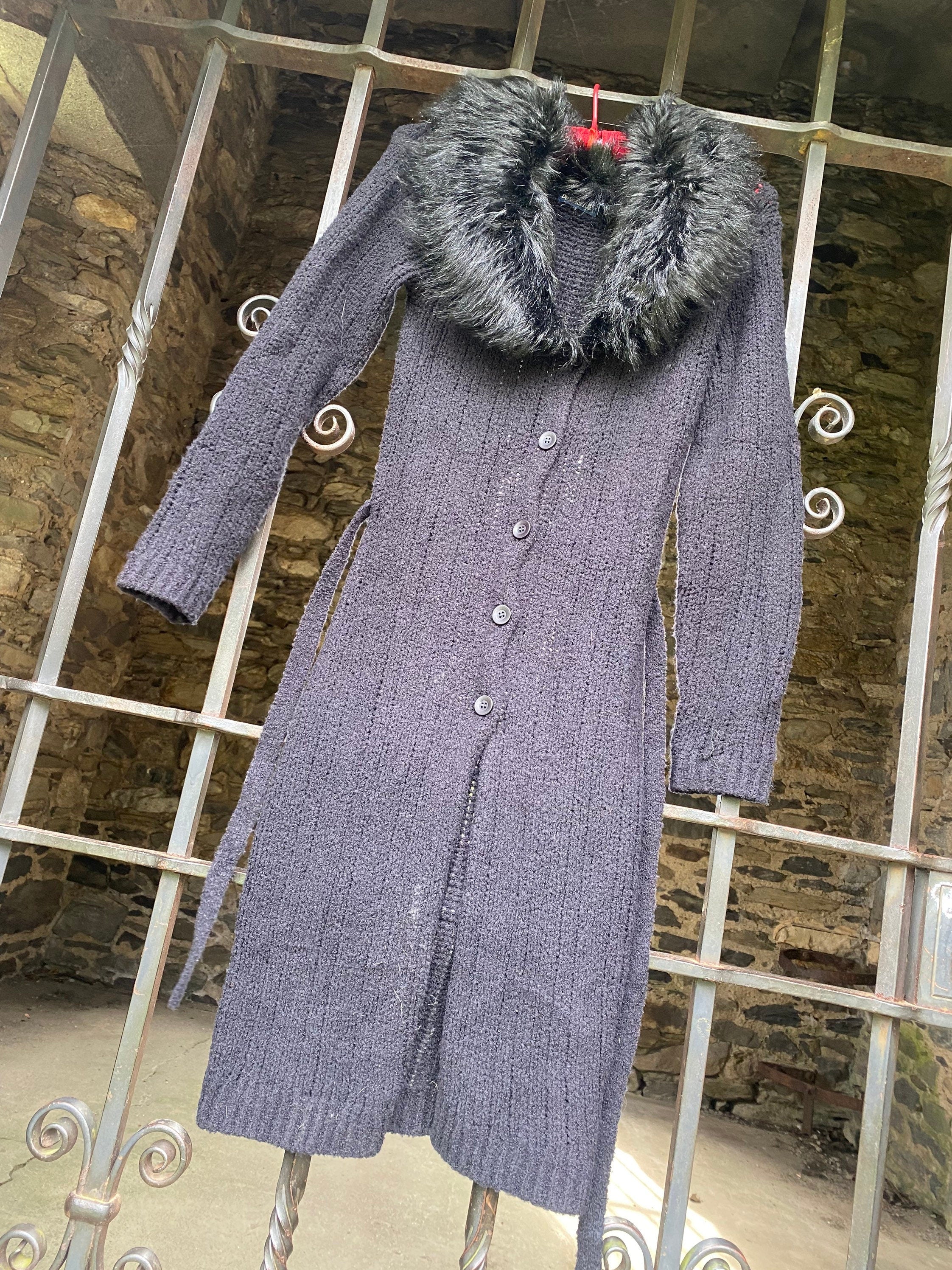 Vintage 90s Derotchild Black Fur Collar Mid Length Long Cardigan Size Medium Large - Image 3