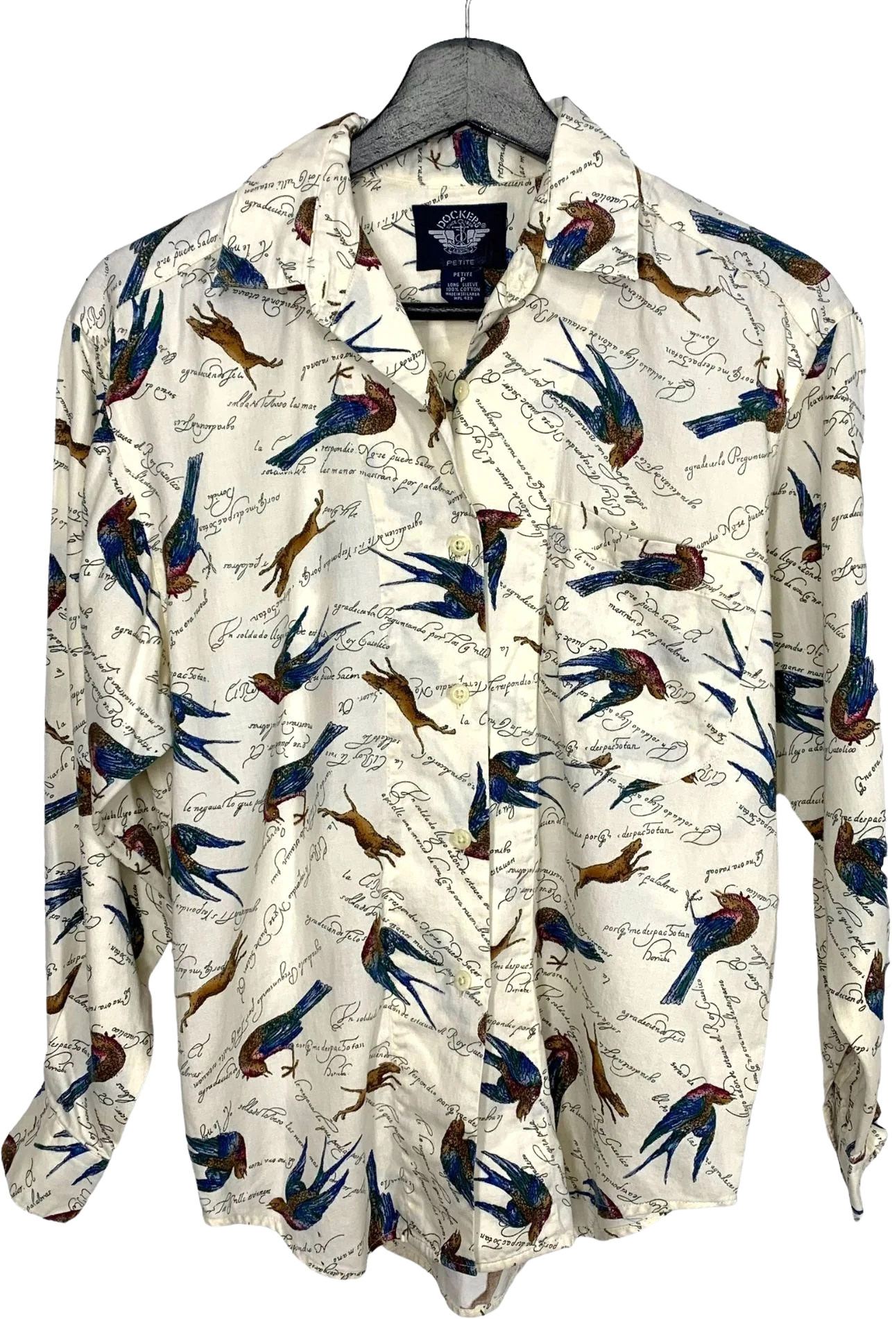 Vintage 90s Dockers Cream Bird Dog Print Long Sleeve Button Up Top by Dockers