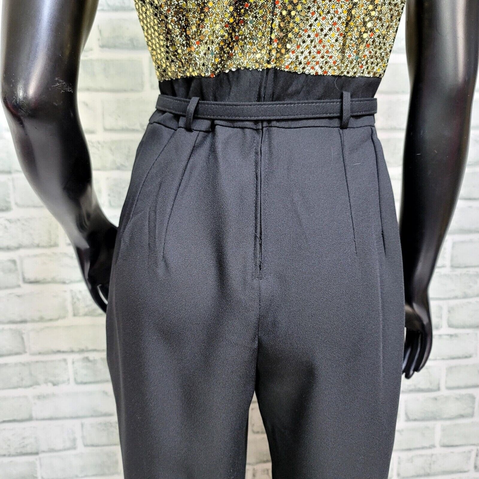 90s/70s 90s Does 70s Gold Sequin Black Jumpsuit Belted By John Roberts - Image 10