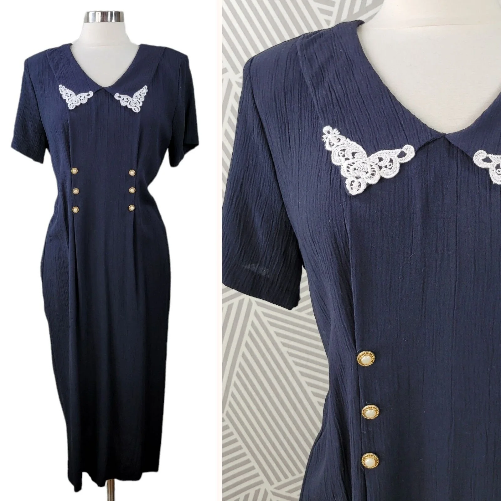 Vintage 90s Dress Size Medium Dark Light Academia Lace Collar Back Alt Navy Blue - Image 3