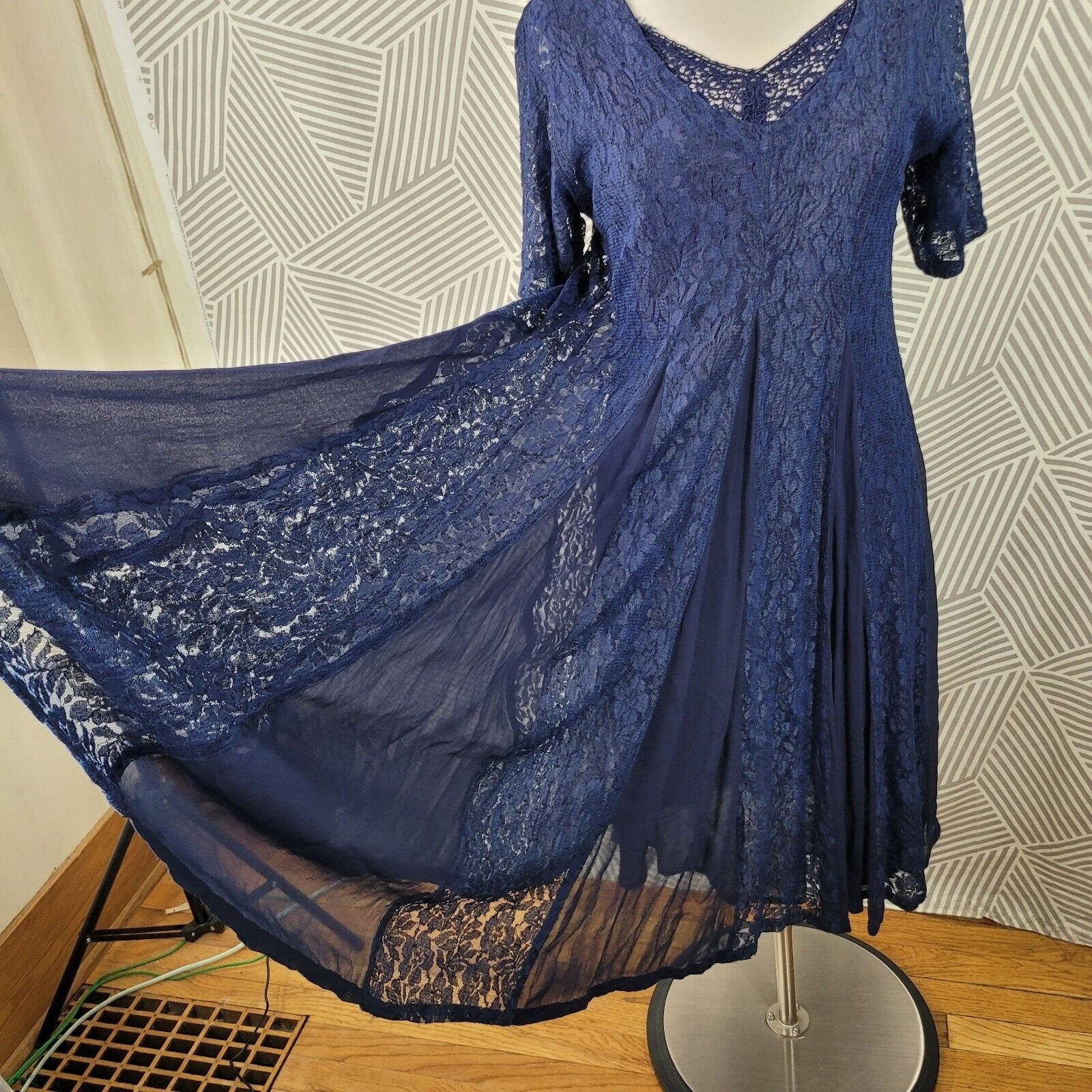 Vintage 90s Dress Size Small Dark Academia Lace Alt Blue Romantic Flare Layered by Nostalgia - Image 5