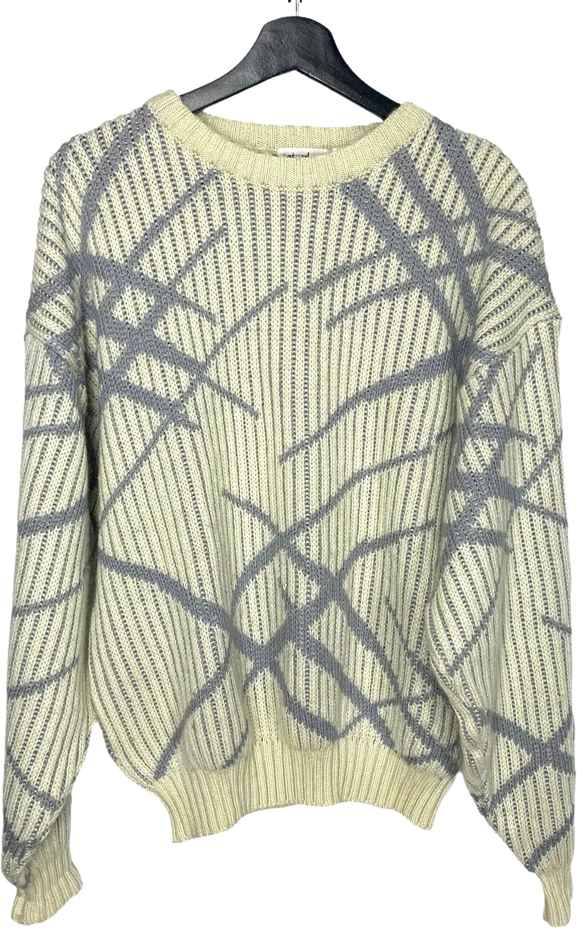 Vintage 90s Dusty Blue Cream Oversized Print Knit Pull Over Sweater Xl by Saturdays