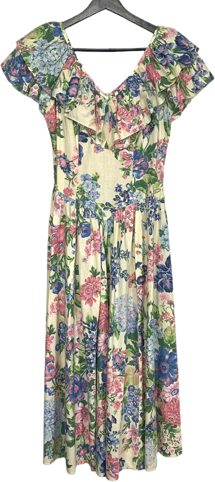 Vintage 90s Floral Fit Flare Ruffle Neckline Short Sleeve Full Length Dress by Expo