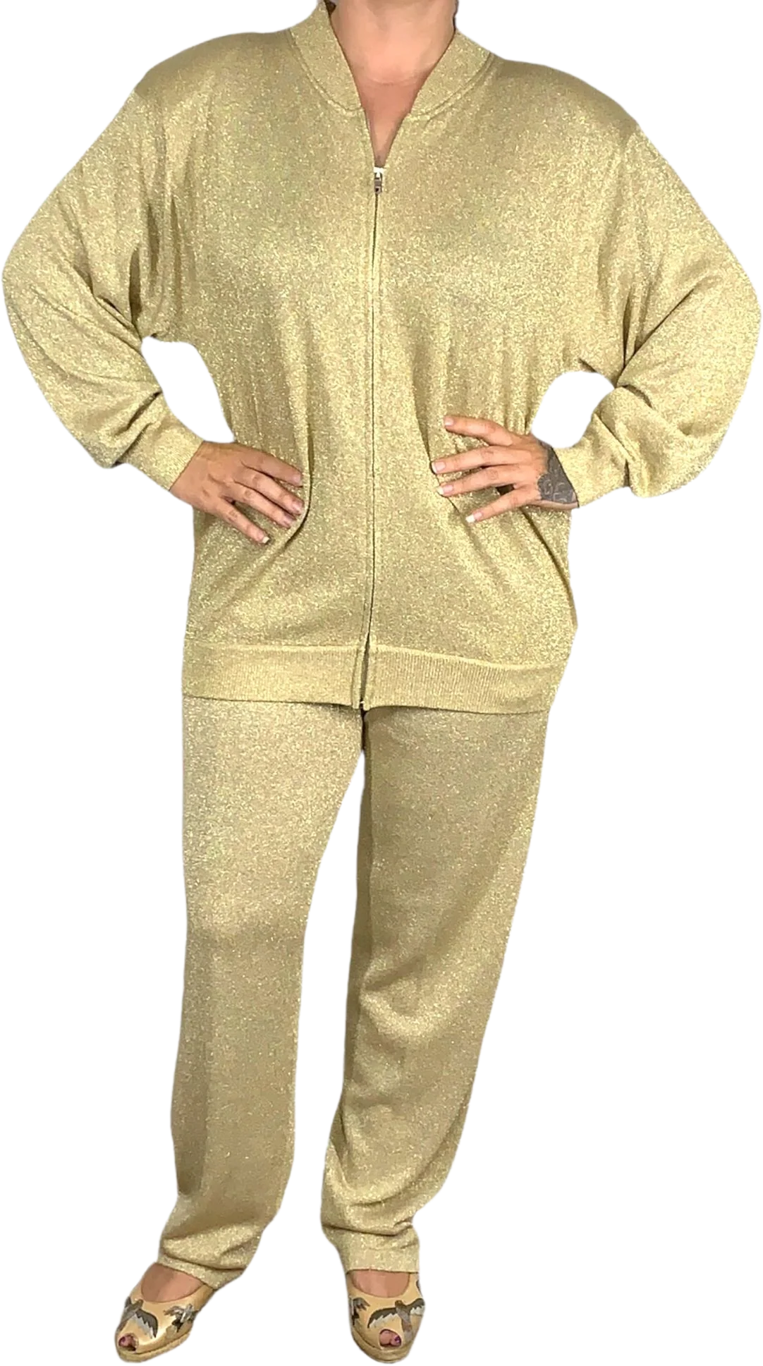 Vintage 90s Gold Metallic Zup Up Jacket Pant Knit Set Medium by Lisa Originals