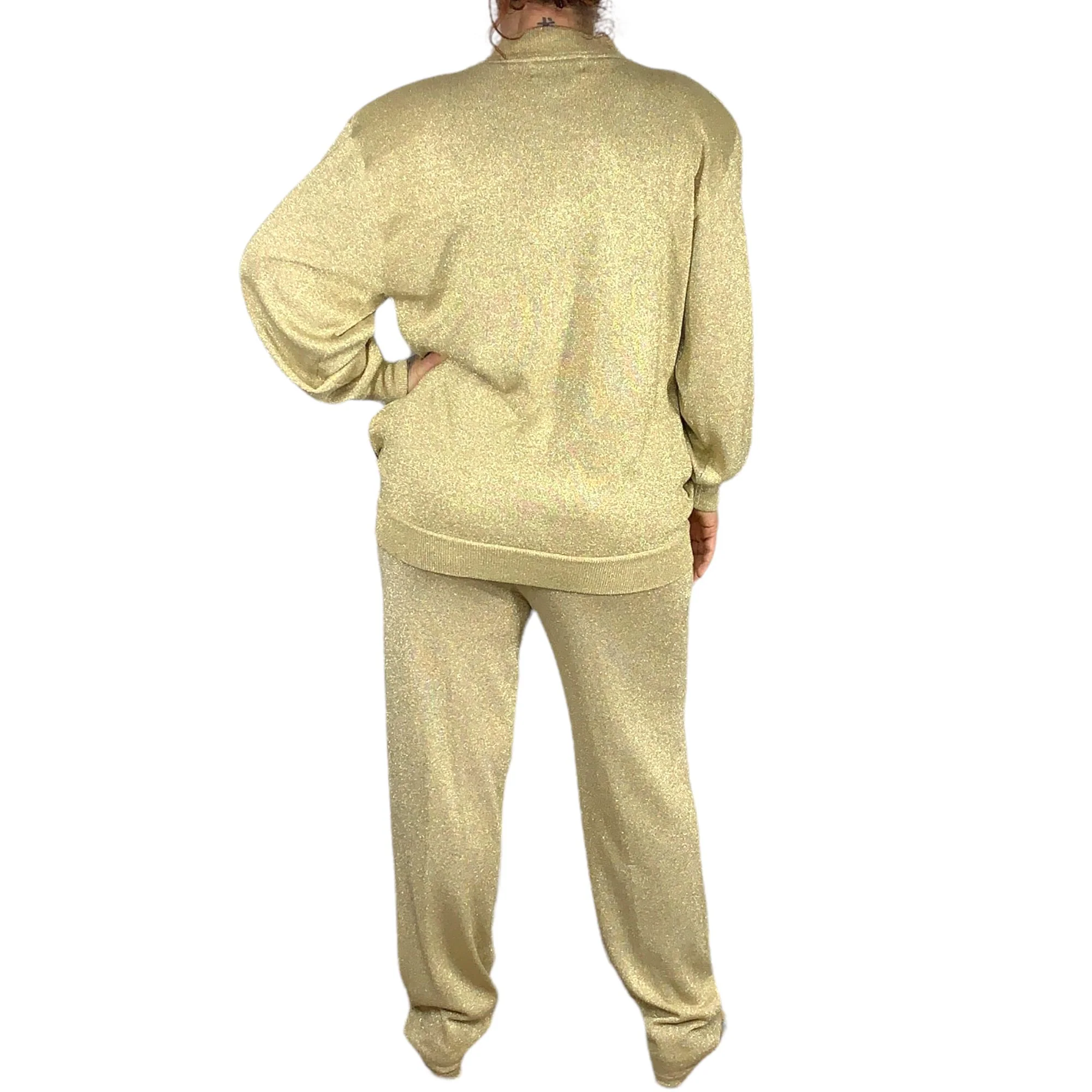 Vintage 90s Gold Metallic Zup Up Jacket Pant Knit Set Medium by Lisa Originals - Image 2