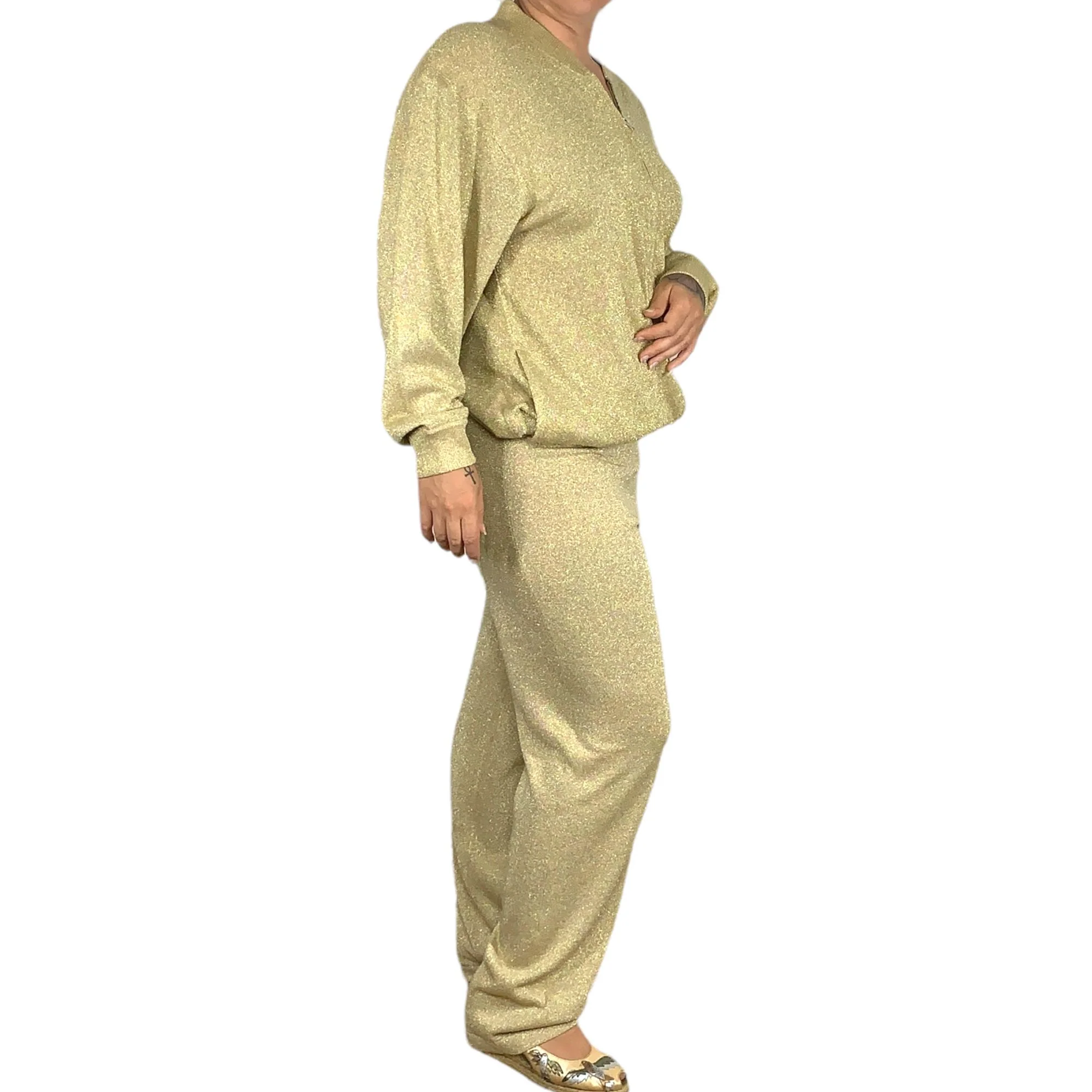 Vintage 90s Gold Metallic Zup Up Jacket Pant Knit Set Medium by Lisa Originals - Image 3