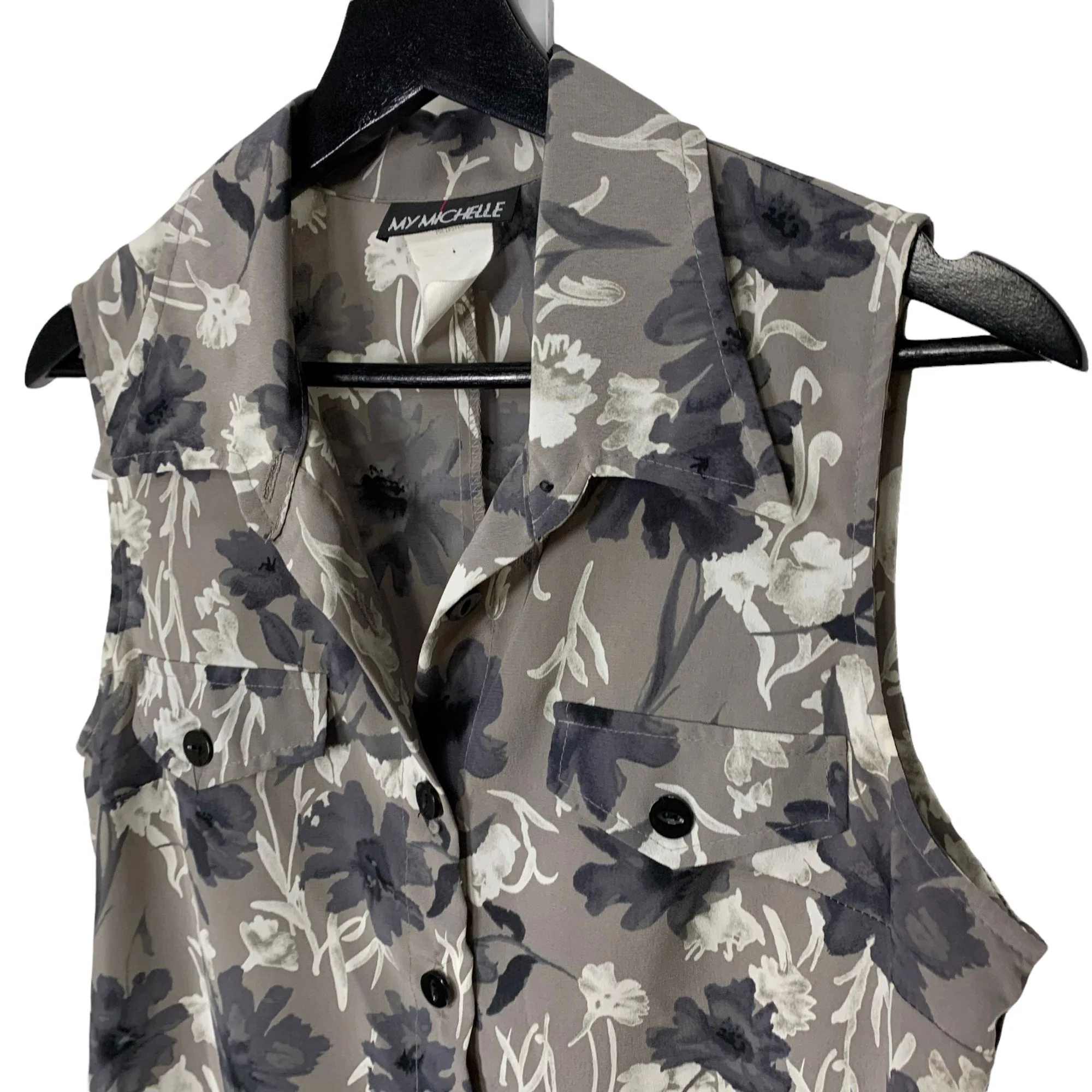 Vintage 90s Gray Floral Sleeveless Button Up Collared Mini Dress by My Michelle - Image 3