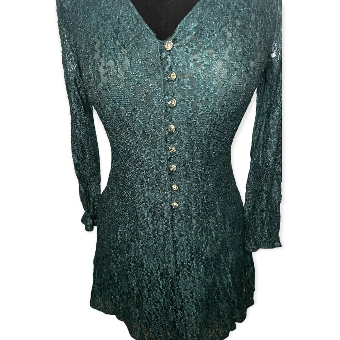 Vintage 90s Green Lace Crystal Grunge Fairy Dress Small Fall Med by All That Jazz - Image 3