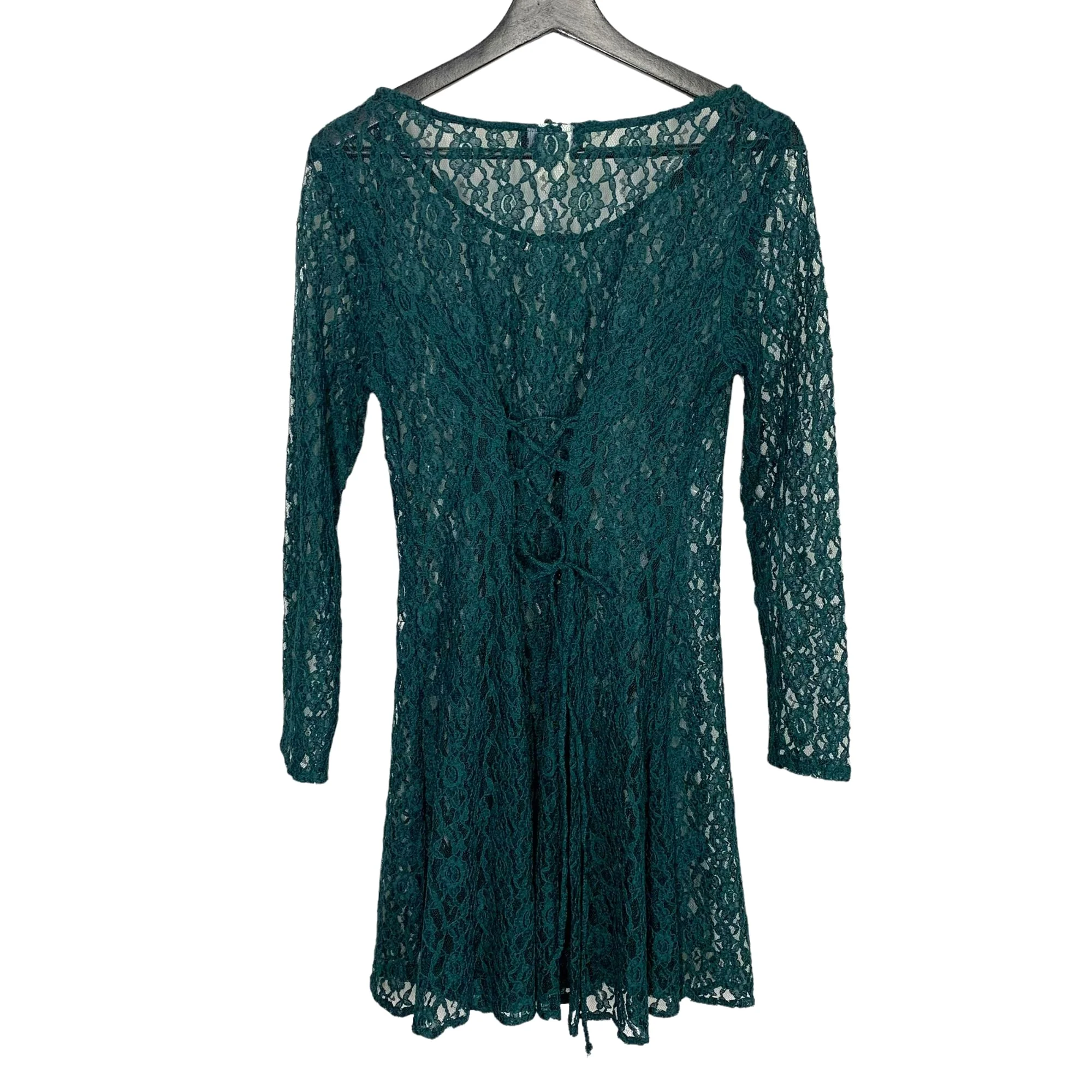 Vintage 90s Green Lace Long Sleeve Lace Up Back Mini Dress by My Michelle - Image 2