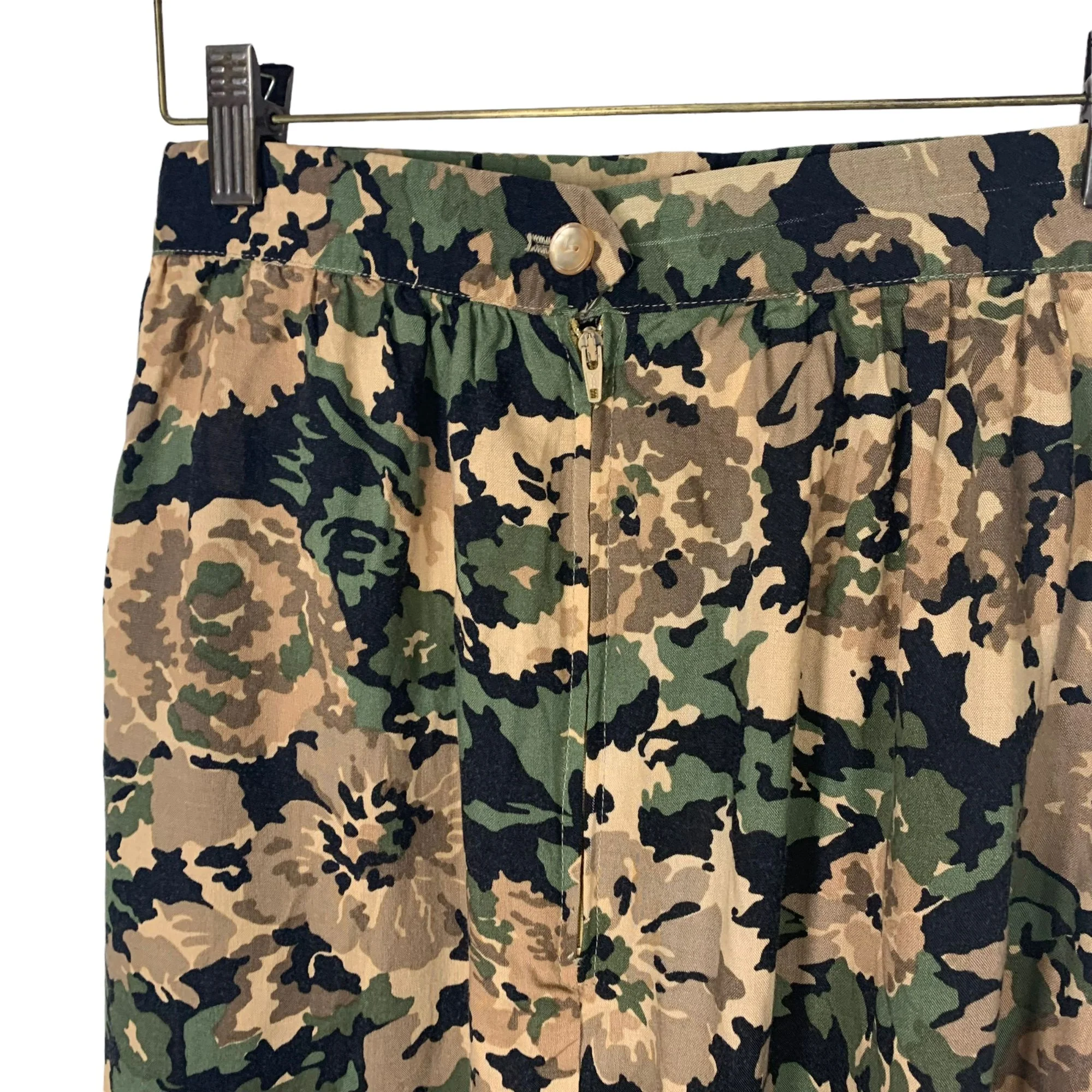 Vintage 90s Green Tan Floral Print Full Skirt - Image 7