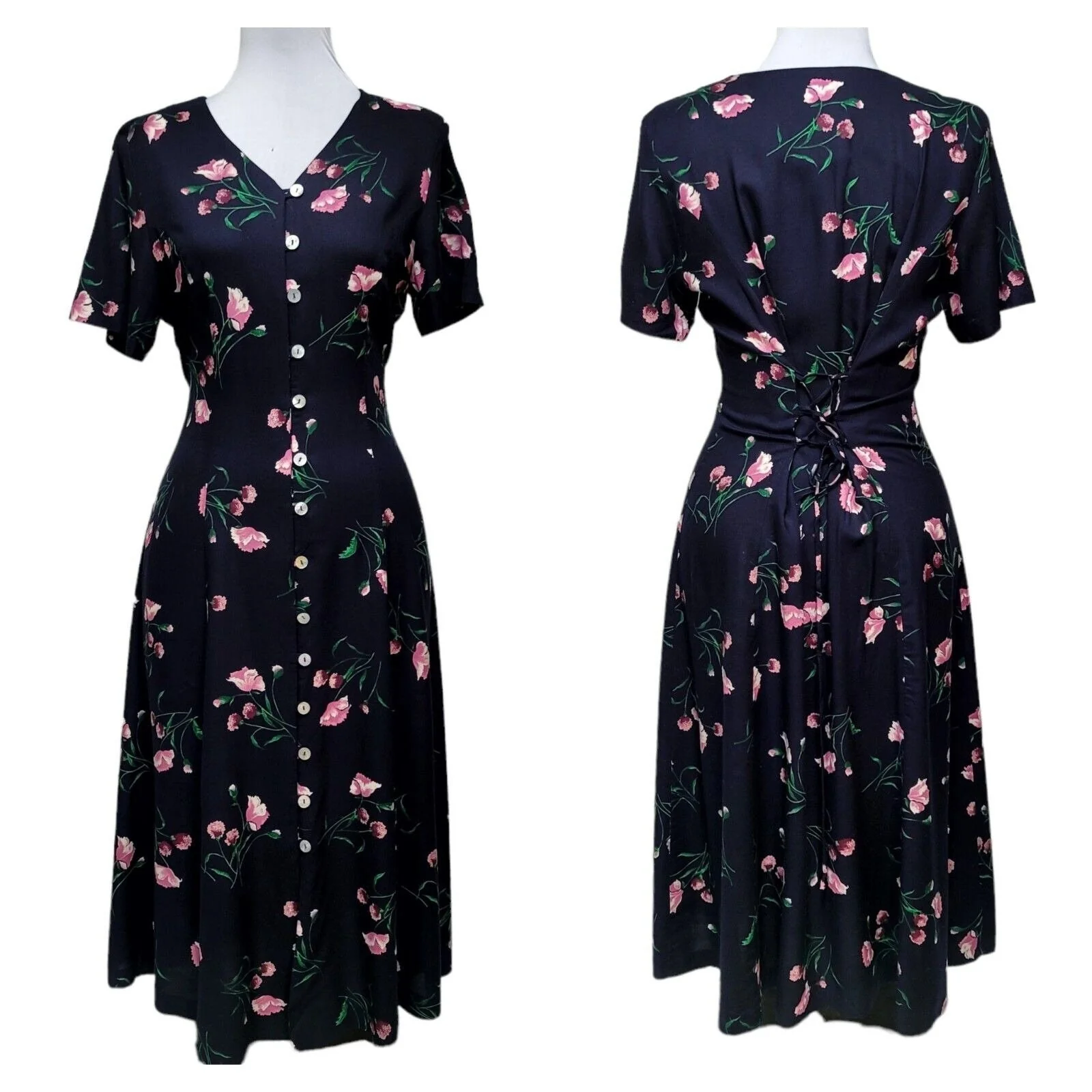 90s Floral Button Front Midi Dress Tie Back Waist By Habits - Image 3