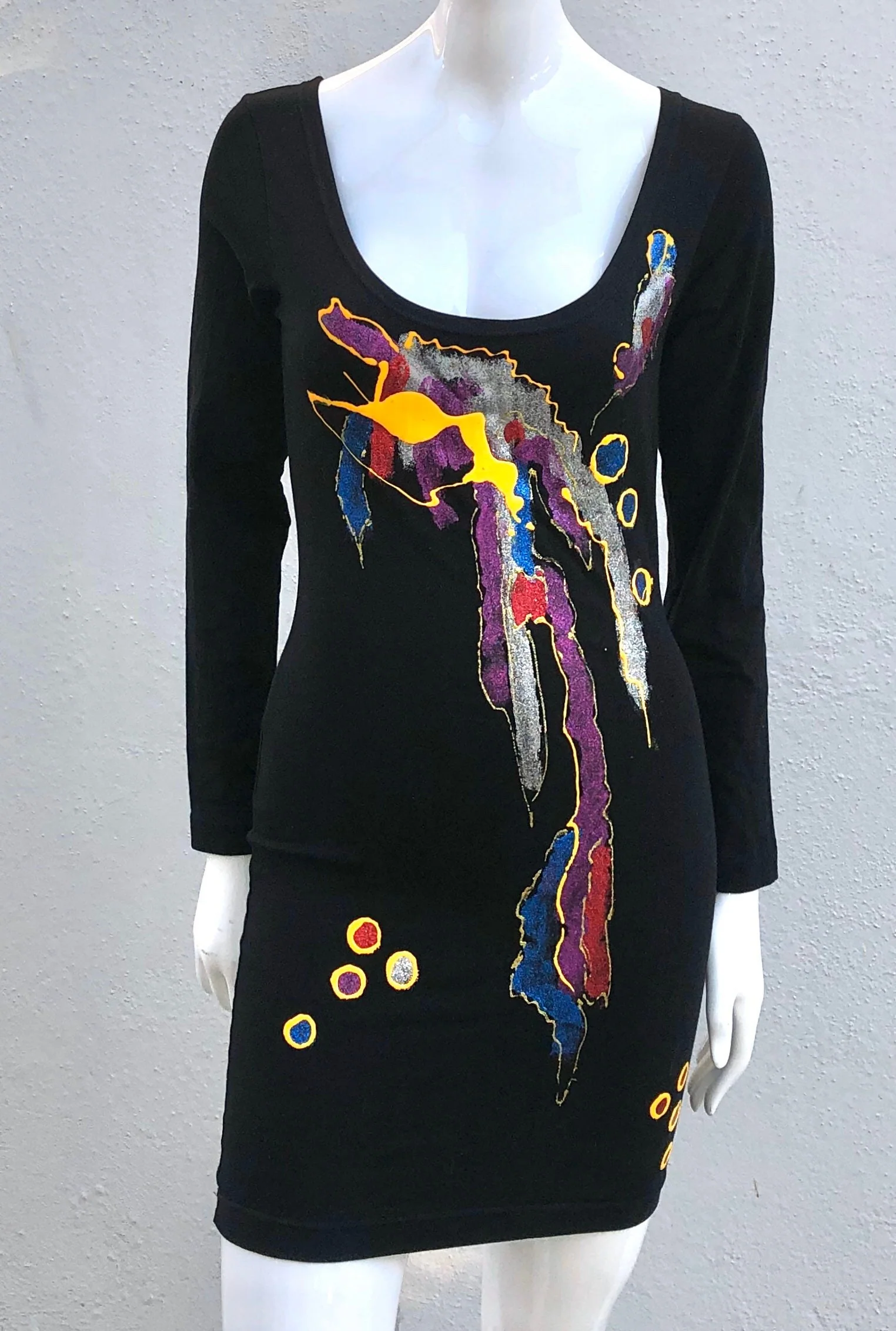 Vintage 90s Hand Painted Bodycon Minidress Sexy Skin Thigh Party Cocktail Size L Donna Karan Vintage by Dkny - Image 2
