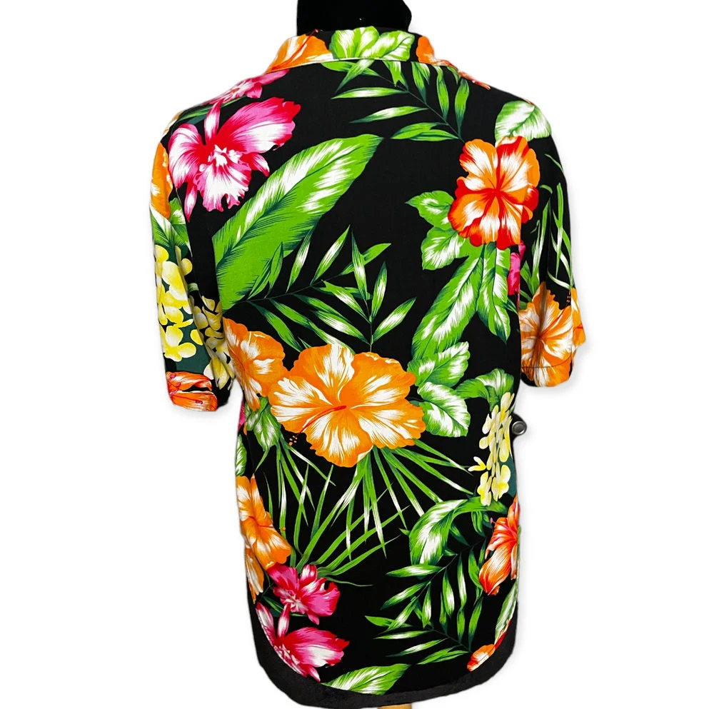 Vintage 90s Hawaiian Black Pink Orange Green Floral Shirt Medium Large - Image 2