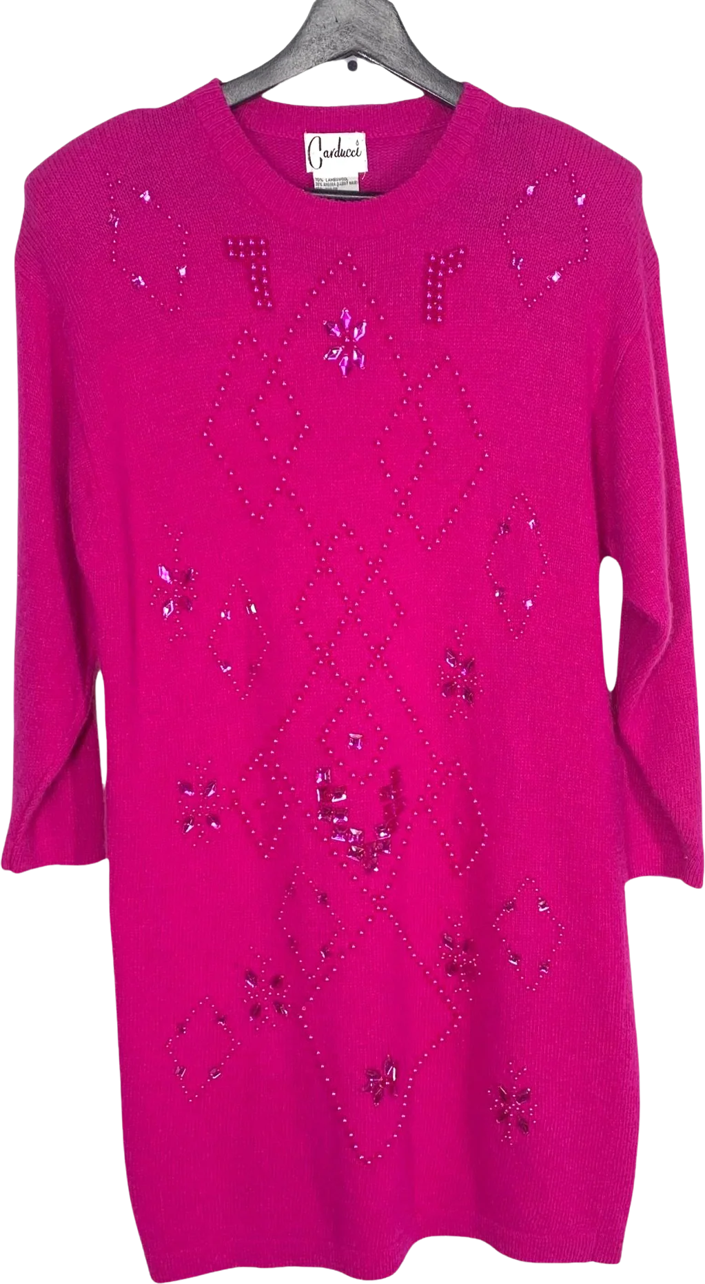 Vintage 90s Hot Pink Long Lambswool Angora Blend Beaded Sweater Small by Carducci