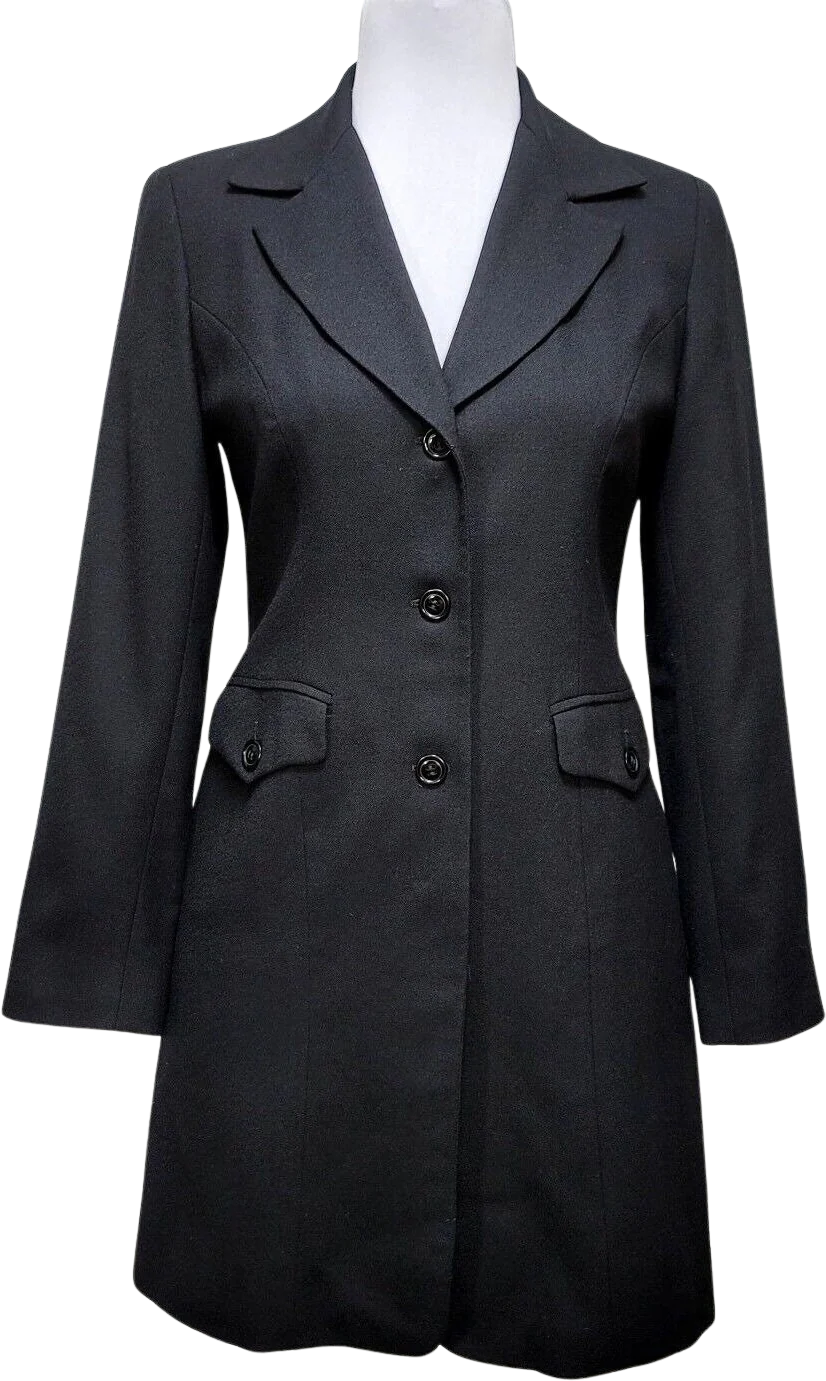 90s Black Wool Long Line Blazer Jacket Career Casual By Hugo Buscati