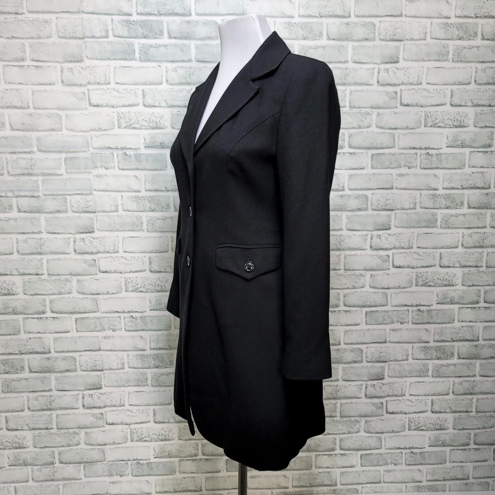90s Black Wool Long Line Blazer Jacket Career Casual By Hugo Buscati - Image 7