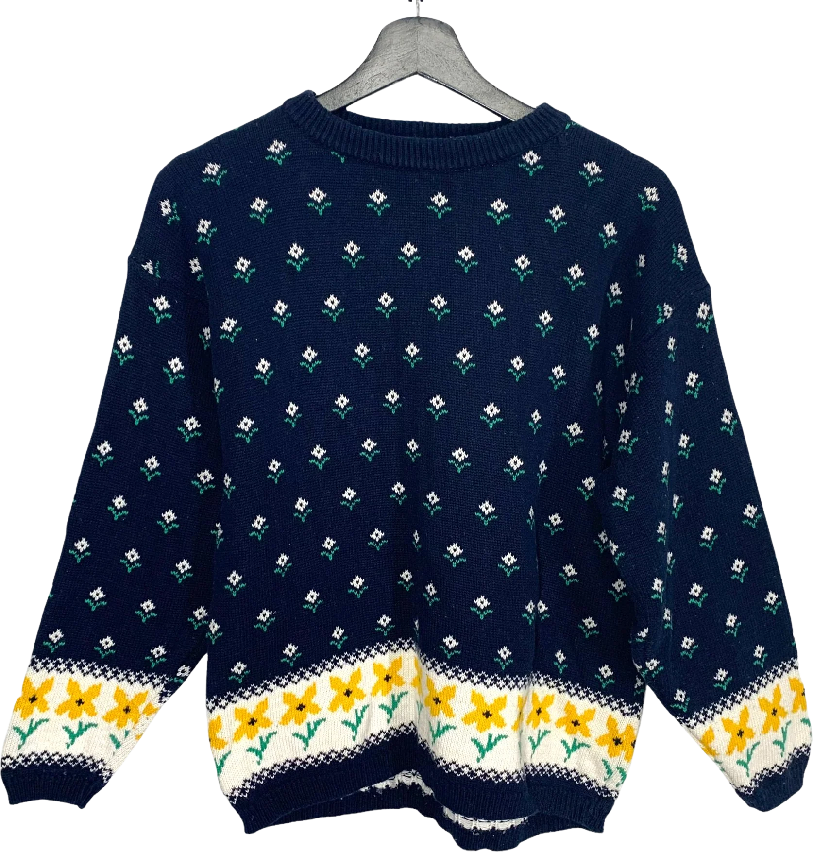 Vintage 90s Jumpers Blue Cotton Floral Pattern Pull Over Sweater Large
