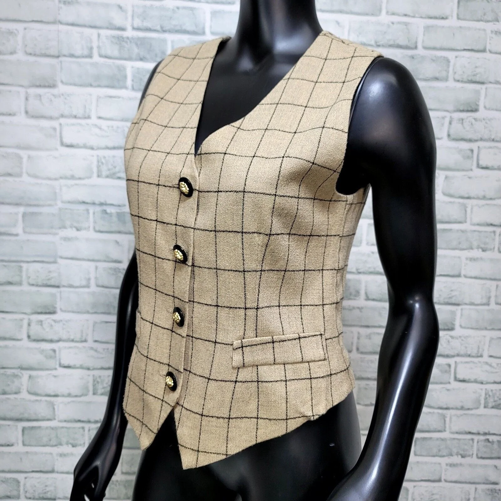 90s Beige Black Windowpane Plaid Career Casual Vest By Kbni Collectibles - Image 2