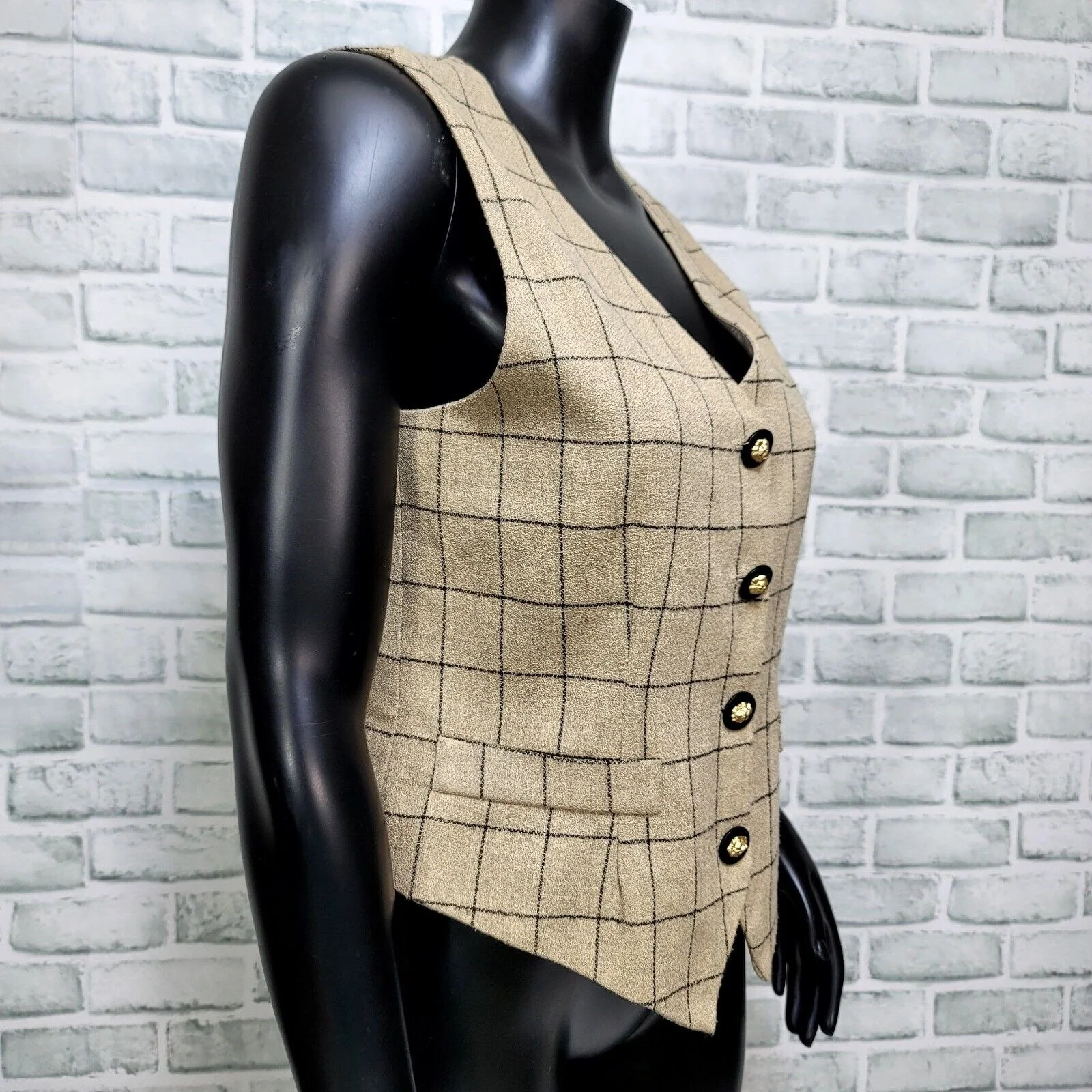 90s Beige Black Windowpane Plaid Career Casual Vest By Kbni Collectibles - Image 3