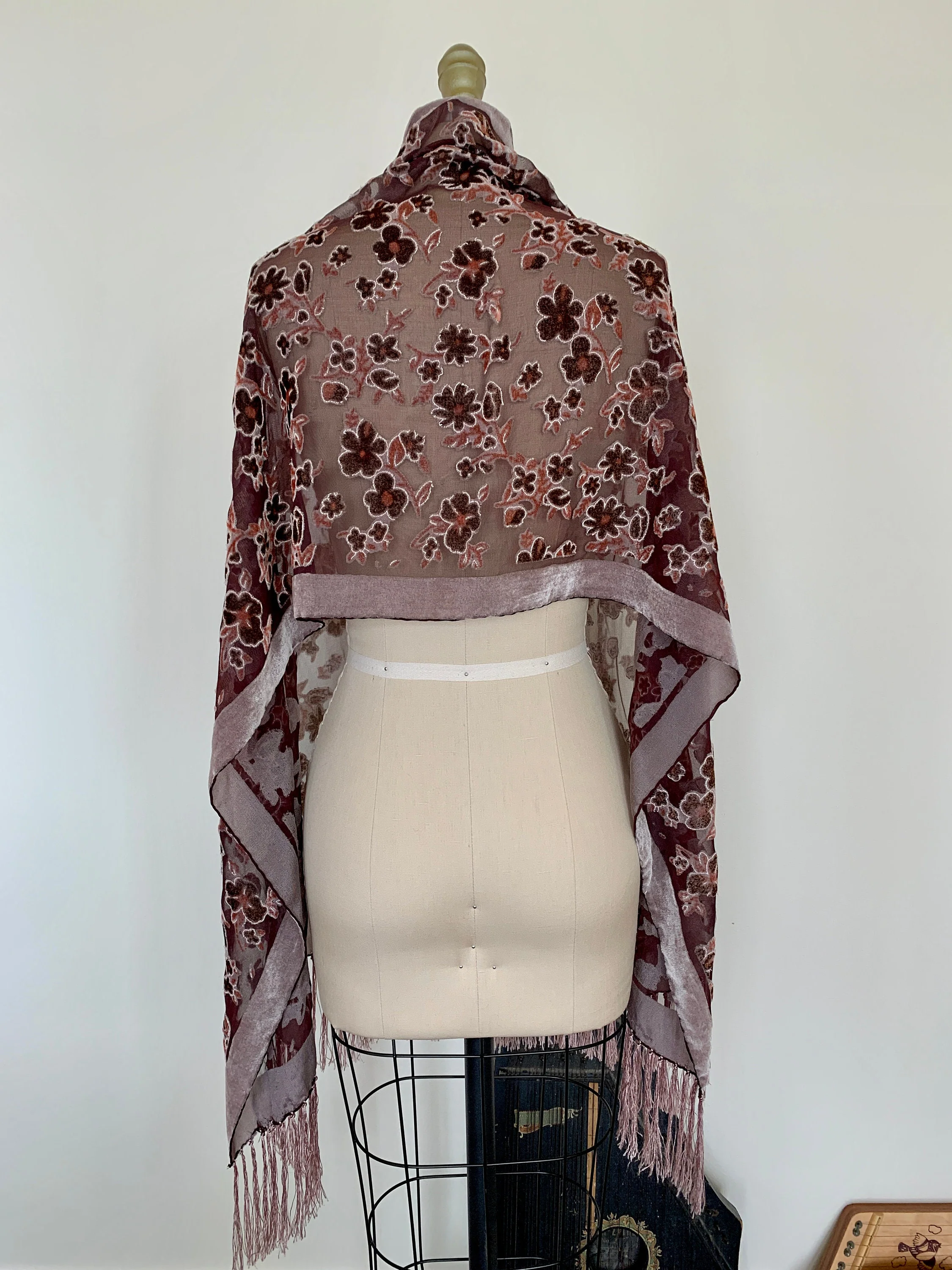 Vintage 90s Large Floral Velvet Burnout Scarf Wrap - Image 5