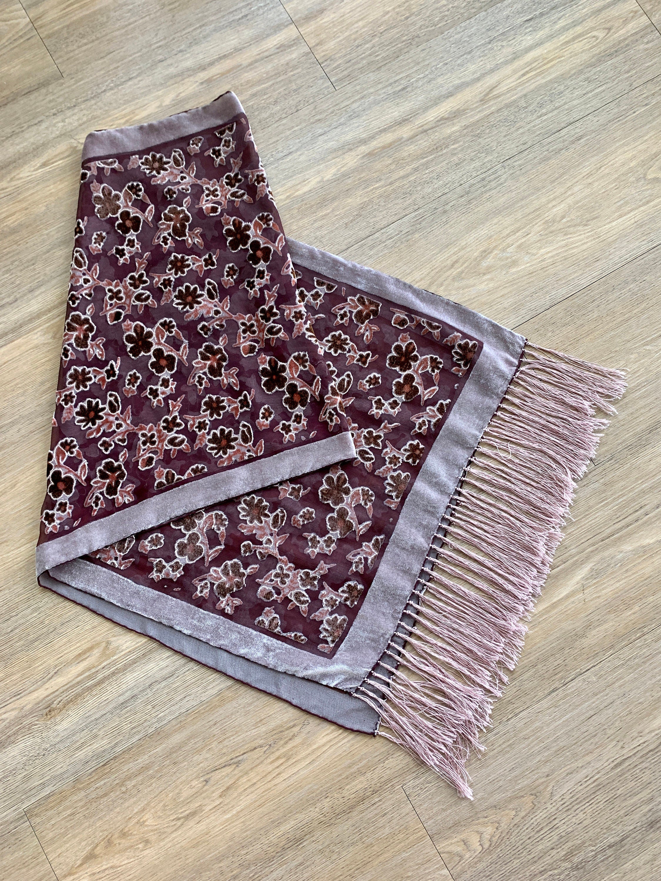 Vintage 90s Large Floral Velvet Burnout Scarf Wrap - Image 7