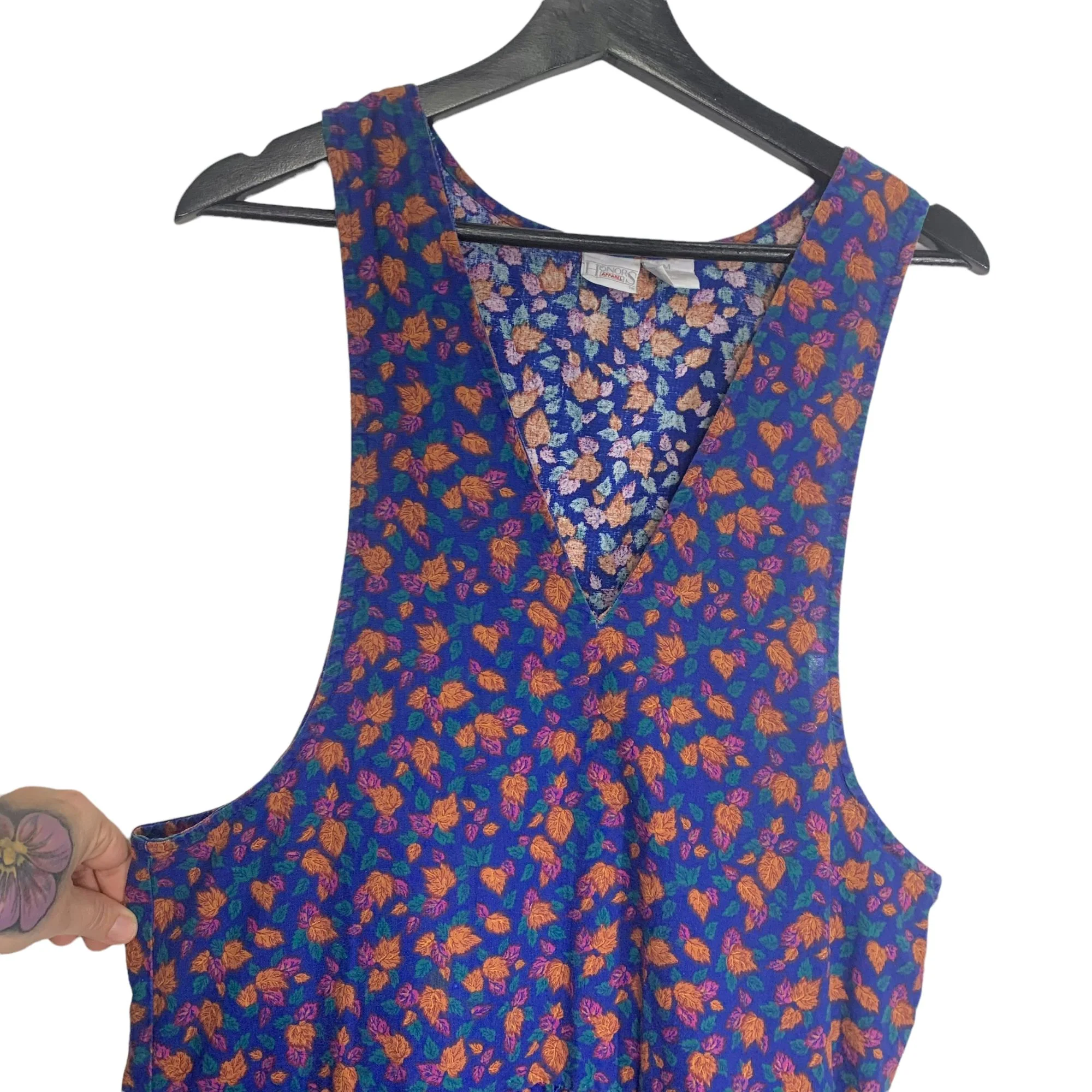 Vintage 90s Leaf Print V-Neck Drop Waist Jumper Dress Medium by Honors - Image 3