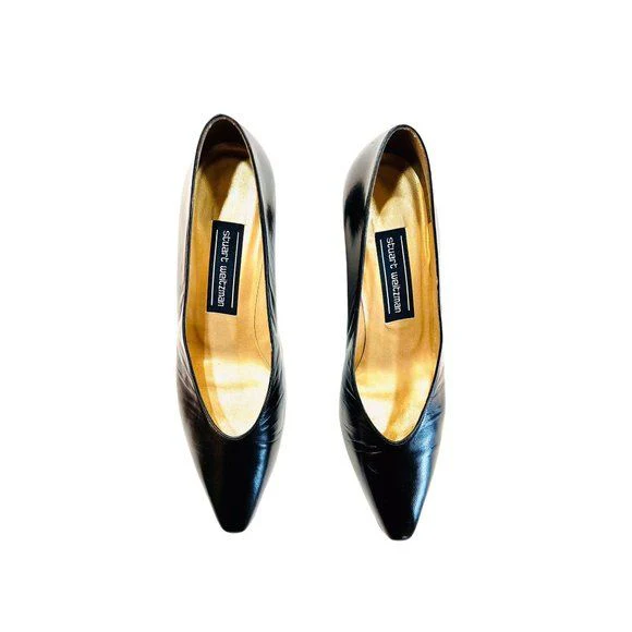 Vintage 90s Leather Pumps Womens Black Size 7aa Made In Spain by Stuart Weitzman - Image 11
