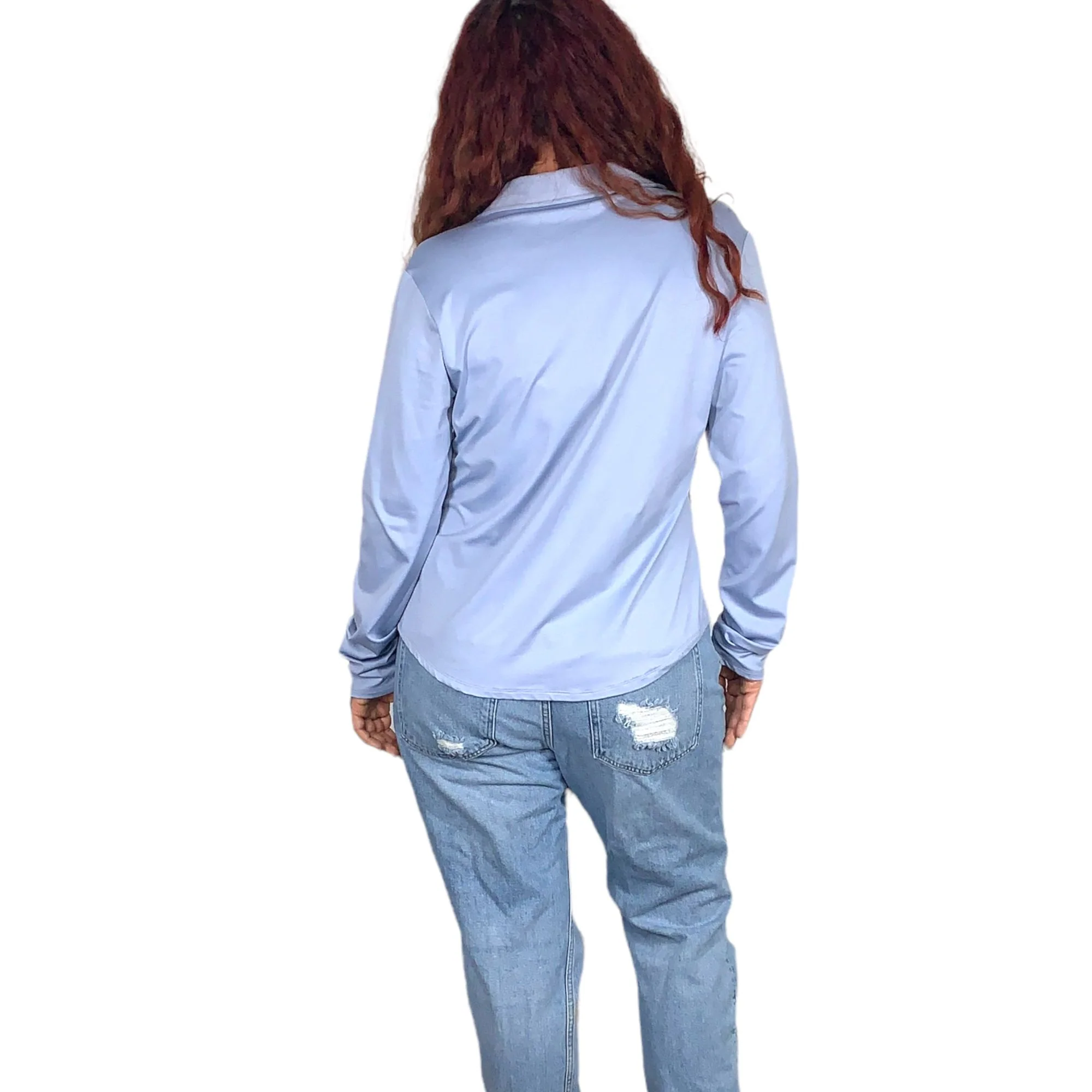 Vintage 90s Light Blue Nylon Button Up Long Sleeve by Preview - Image 2