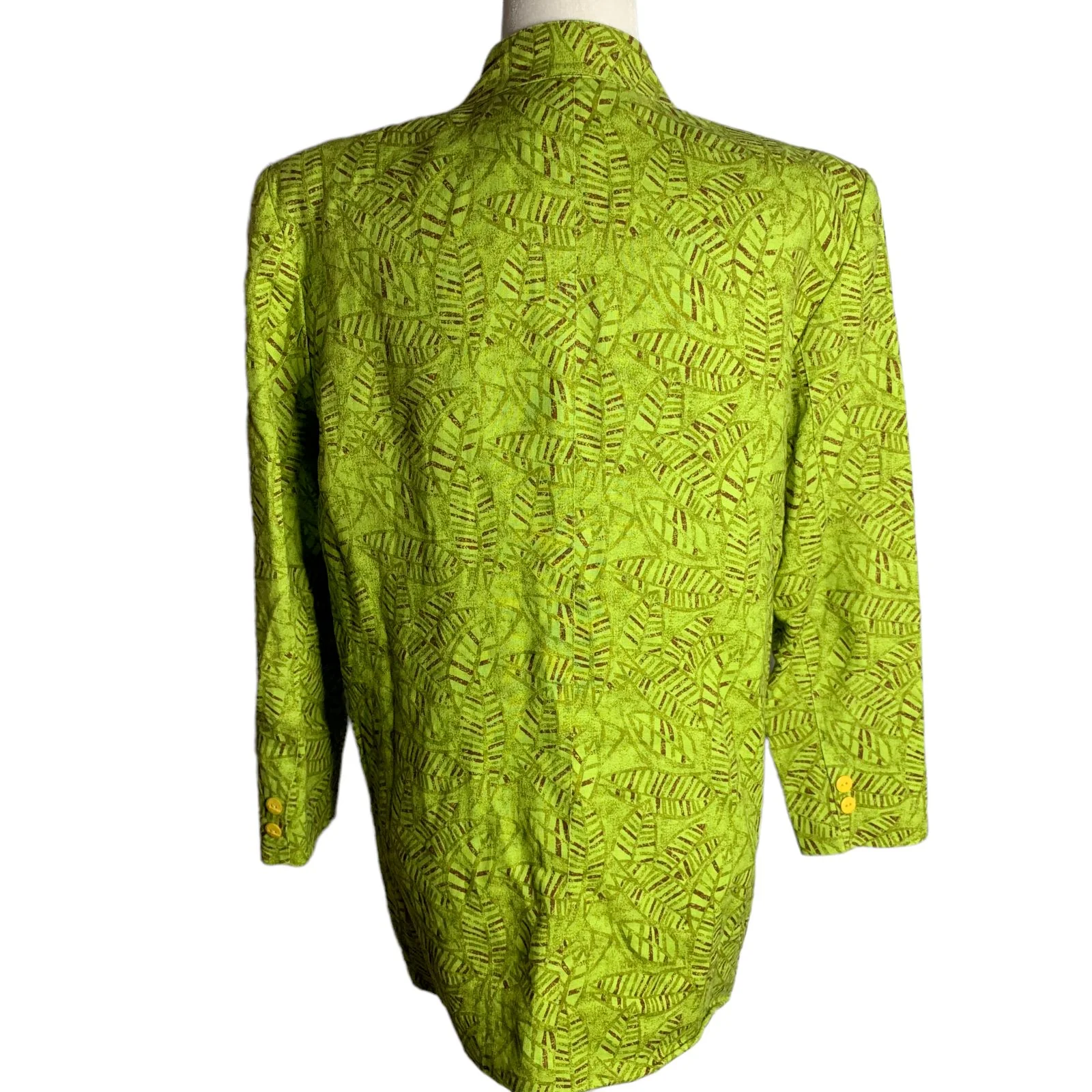 Vintage 90s Linen Blazer Jacket M Green Leaves Oversized by Diane Gilman - Image 2