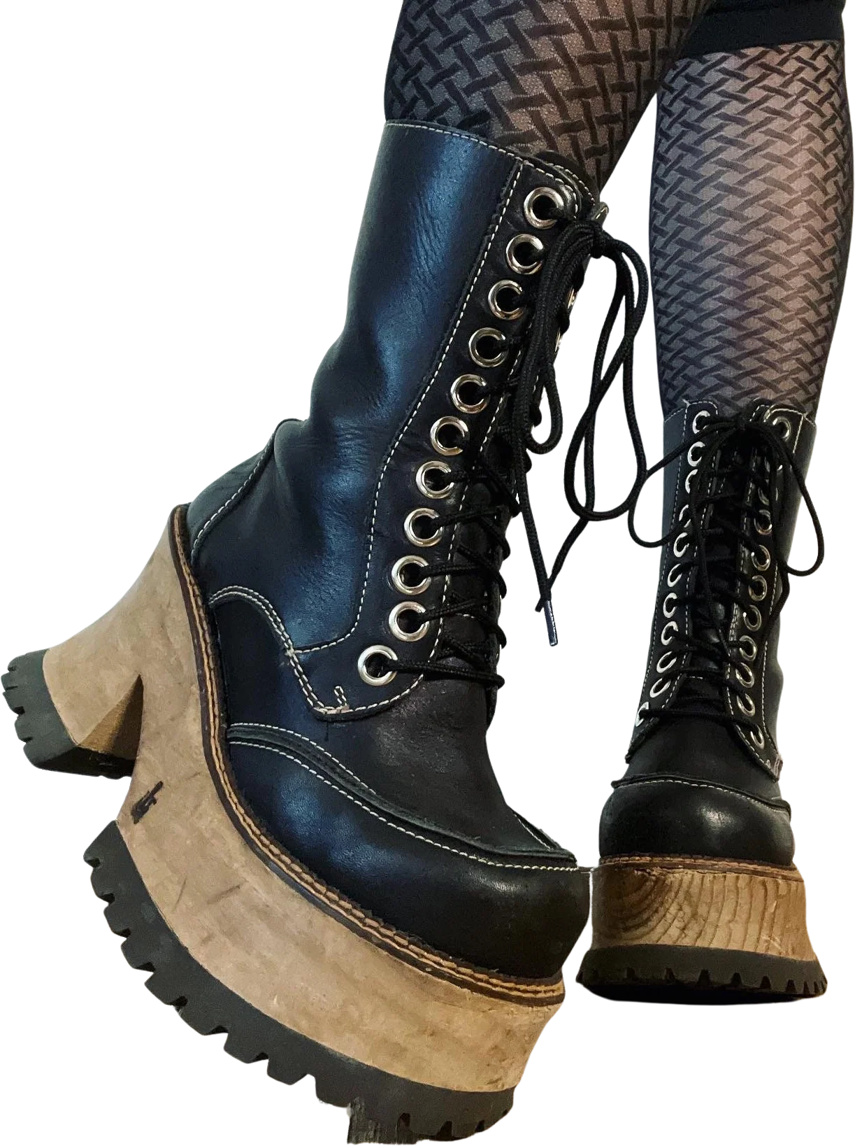 Vintage 90s London Underground Black Leather and Wooden Platform Lace Up Rounded Toe Combat Boot