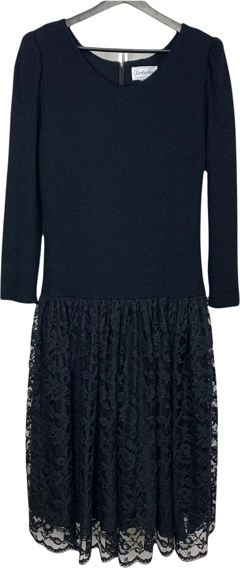 Vintage 90s Long Sleeve Black Drop Waist Lace Dress Size 14 by Leslie Fay